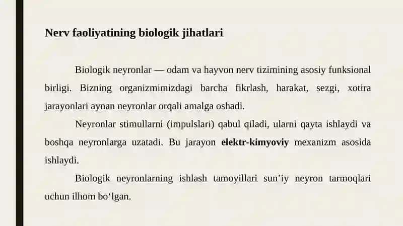 Sun`iy intellektga kirish, asosiy tushunchalar. Sun'iy neyron modeli. 4