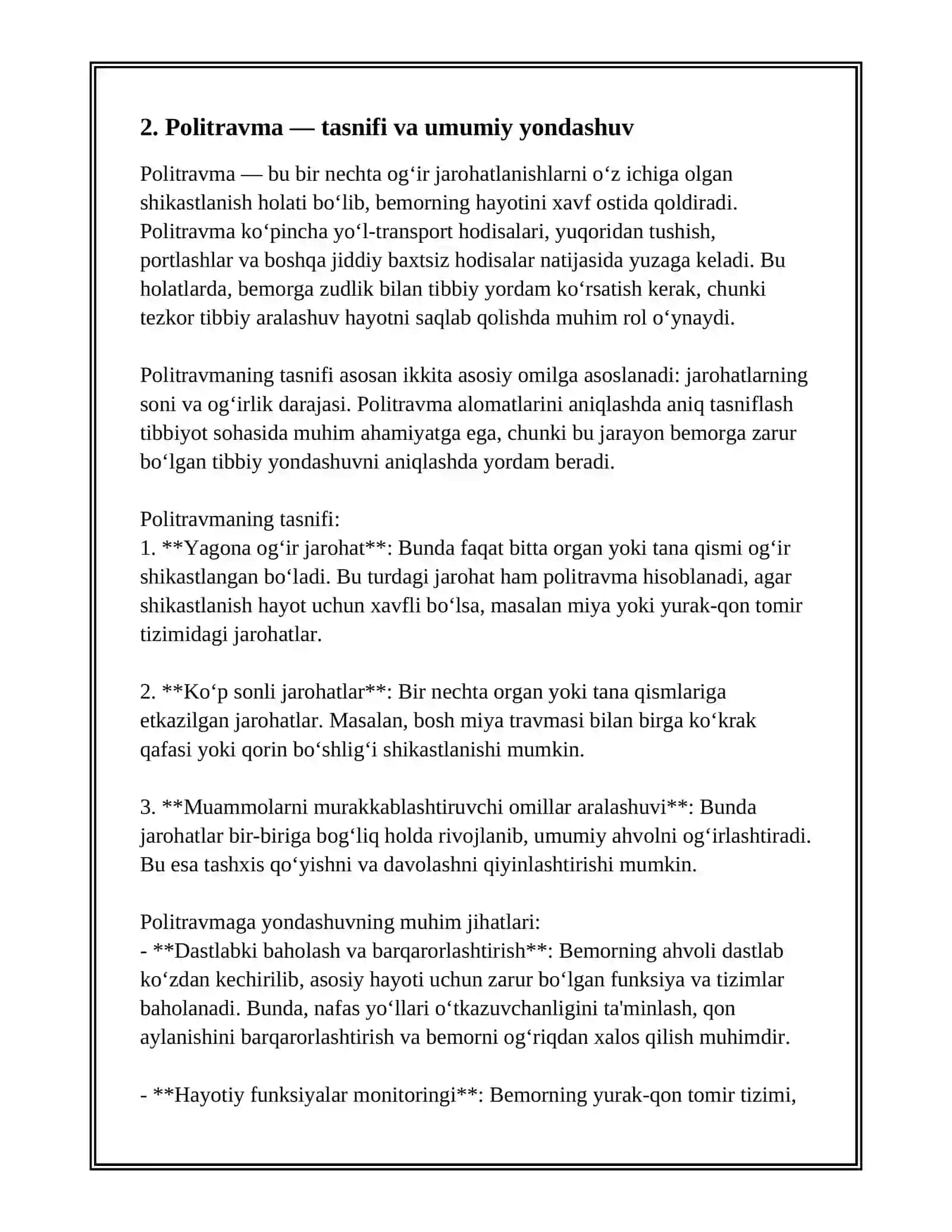 TRAVMATIK SHOK. POLITRAVMA. OCHIQ SINISHLAR. TRAVMA ASORATLARI 4