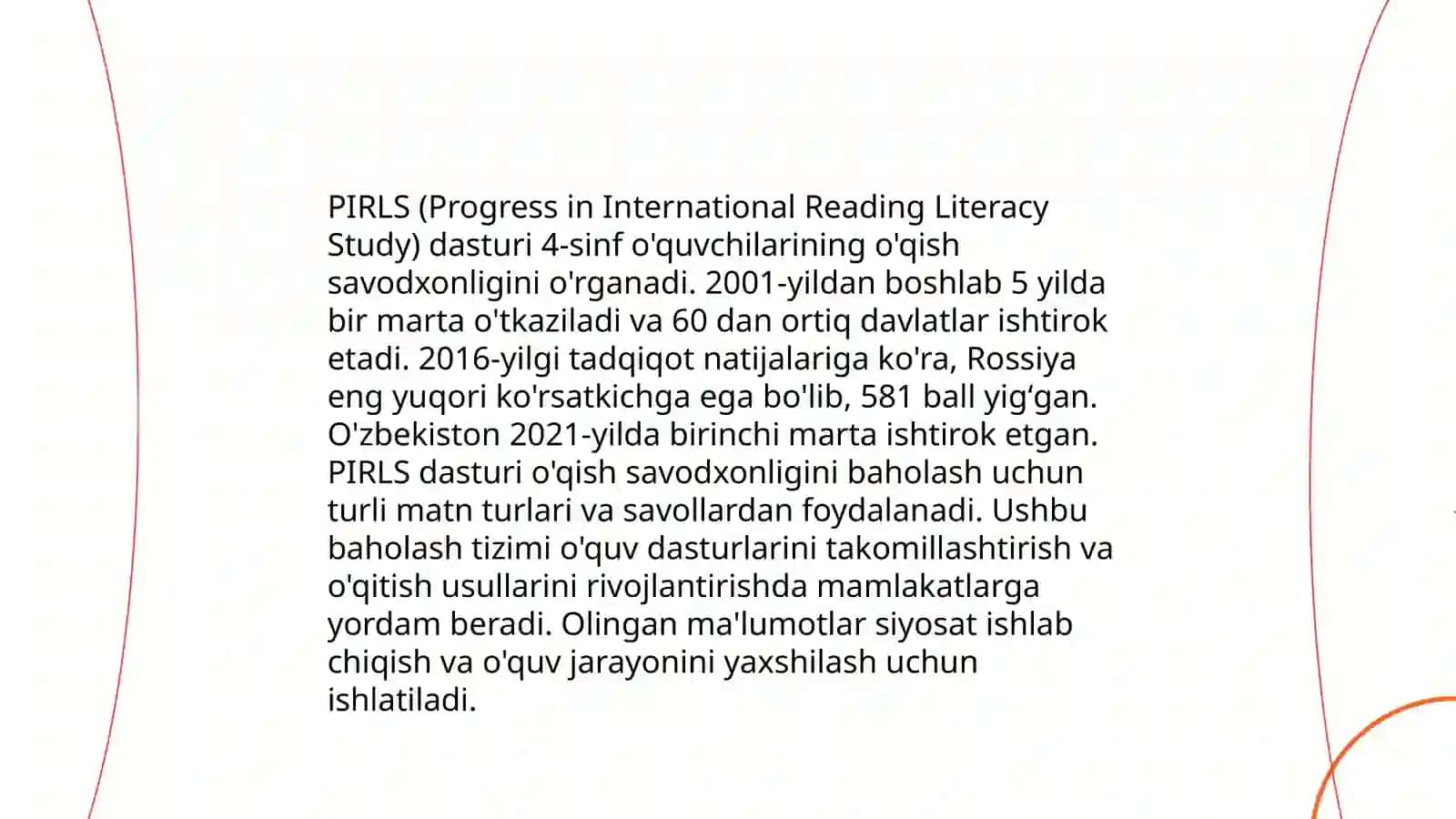 Xalqaro baholash dasturlari: PISA, PIRLS, TIMSS, ICILS, TALIS va Prezident maktablarida, ijodiy 4