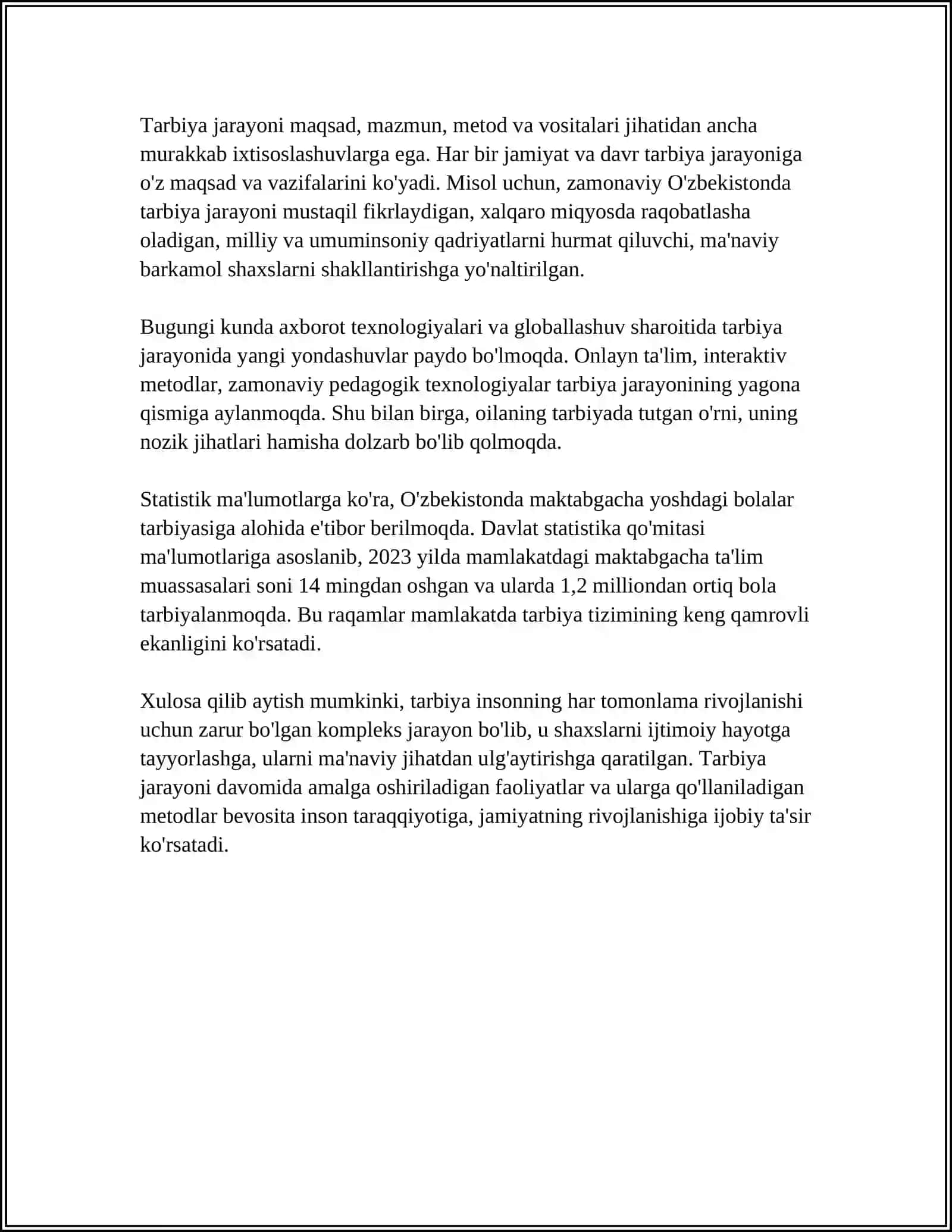 MUSTAQIL ISH Mavzu: TARBIYA ALOHIDA FAOLIYAT TURI SIFATIDA VUJUDGA KELISHI 4