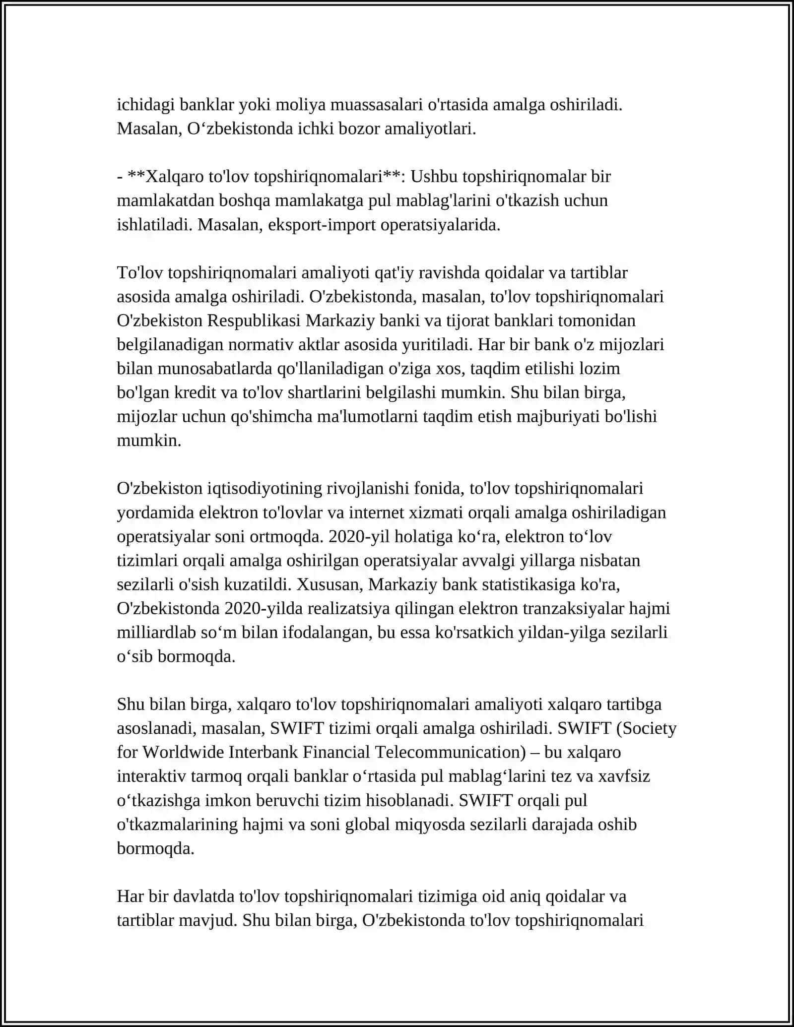 BANKLARDA TO’LOV TOPSHIRIQNOMALARI BO’YICHA HISOB-KITOBLAR HISOBI 4