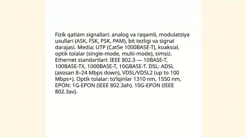 Kompyuter tarmoqlarining asosiy arxitektura modellari(OSI va TCP |IP)hamda ulardagi protokollar. EPON (Ethernet Passive Optical Network)texnologiyasi 4