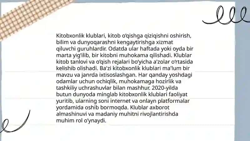 Adabiyot fanidan sinfdan tashqari mashgʻulotlarning turlari va ularni tashkil etish usullari 4