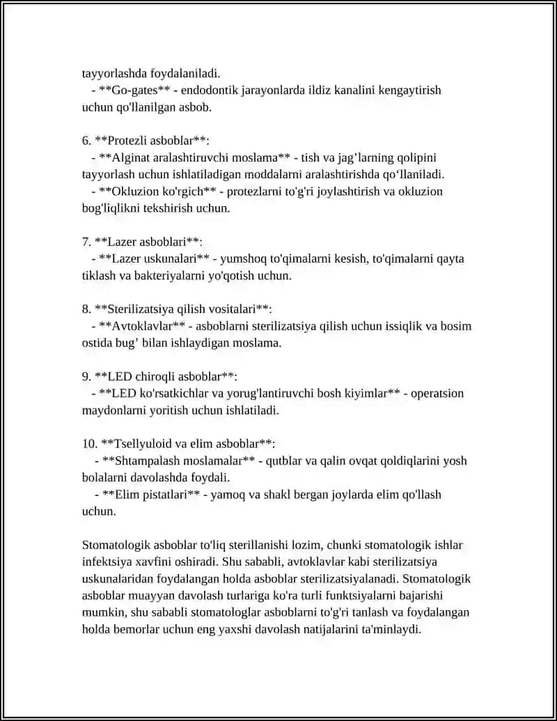 MUTAXASSISLIKKA KIRISH. STOMATOLOGIYA AMALIYOTIDA QO'LLANILADIGAN ASHYO VA ASBOBLAR. ULARGA QO'YILADIGAN TALABLAR 4