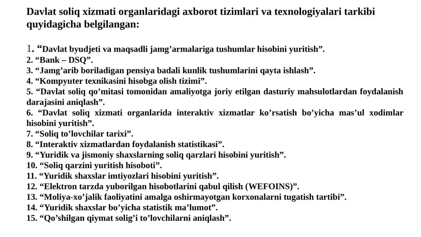 Davlat soliq xizmati organlarida joriy etilgan dasturiy mahsullar hamda soliq to’lovchilarga ko’rsatiladigan davlat xizmatlar 4