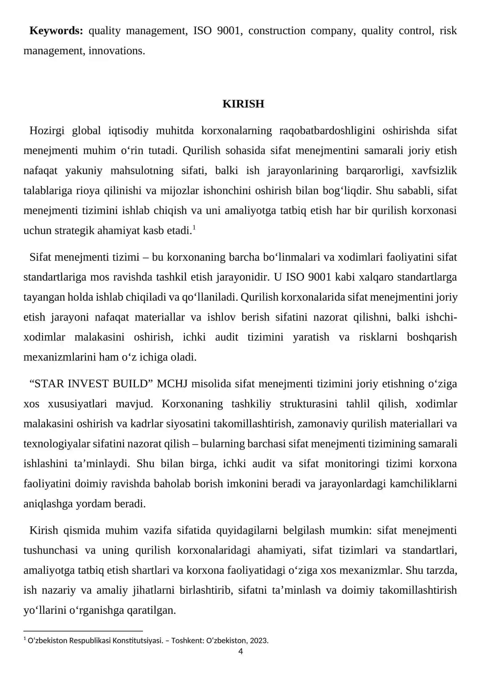 Mavzu“Qurilish korxonasida sifat menejmentini joriy etish mexanizmlari” ("STAR INVEST BUILD" MCHJ MISOLIDA) 4