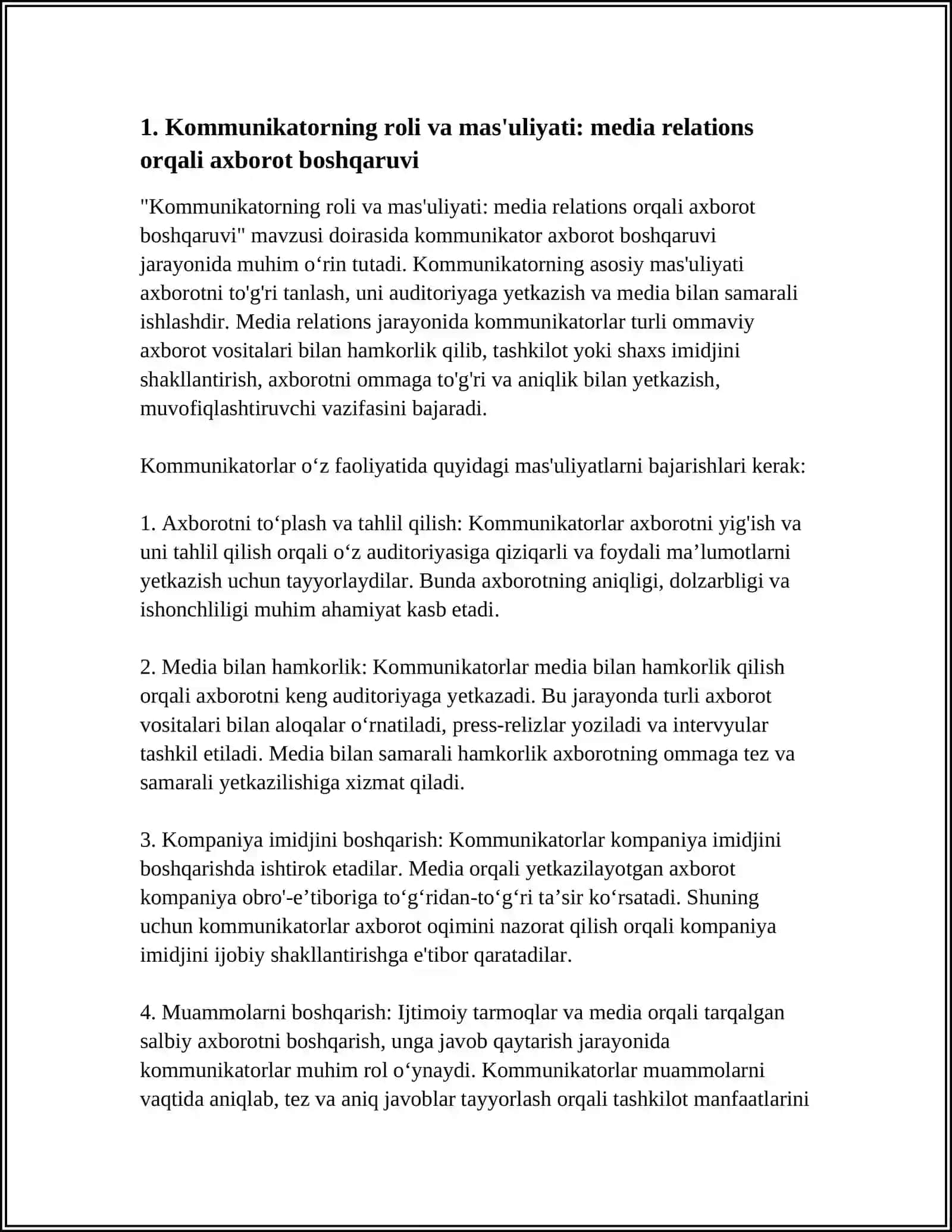 KOMMUNIKATOR, AUDITORIYA VA MEDIA SAMARADORLIGI. MEDIA RELATIONS AXBORIY BOSHQARUV VOSITASI SIFATIDA 4