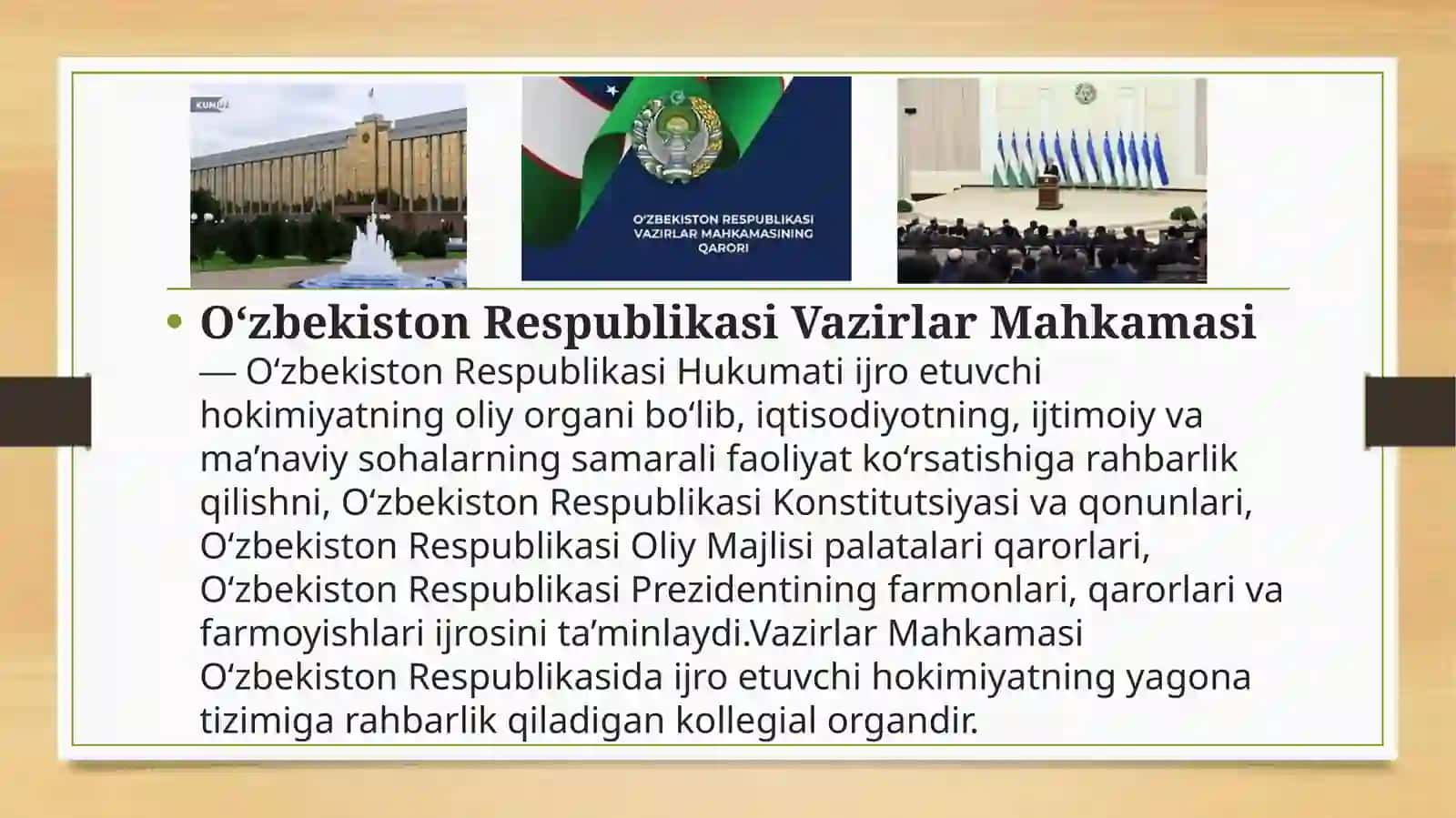 Vazirlar mahkamasi, mahalliy hokimiyat organlari , xalq deputatlar kengashi va o’z – o’zini boshqaruvchi organlari 4