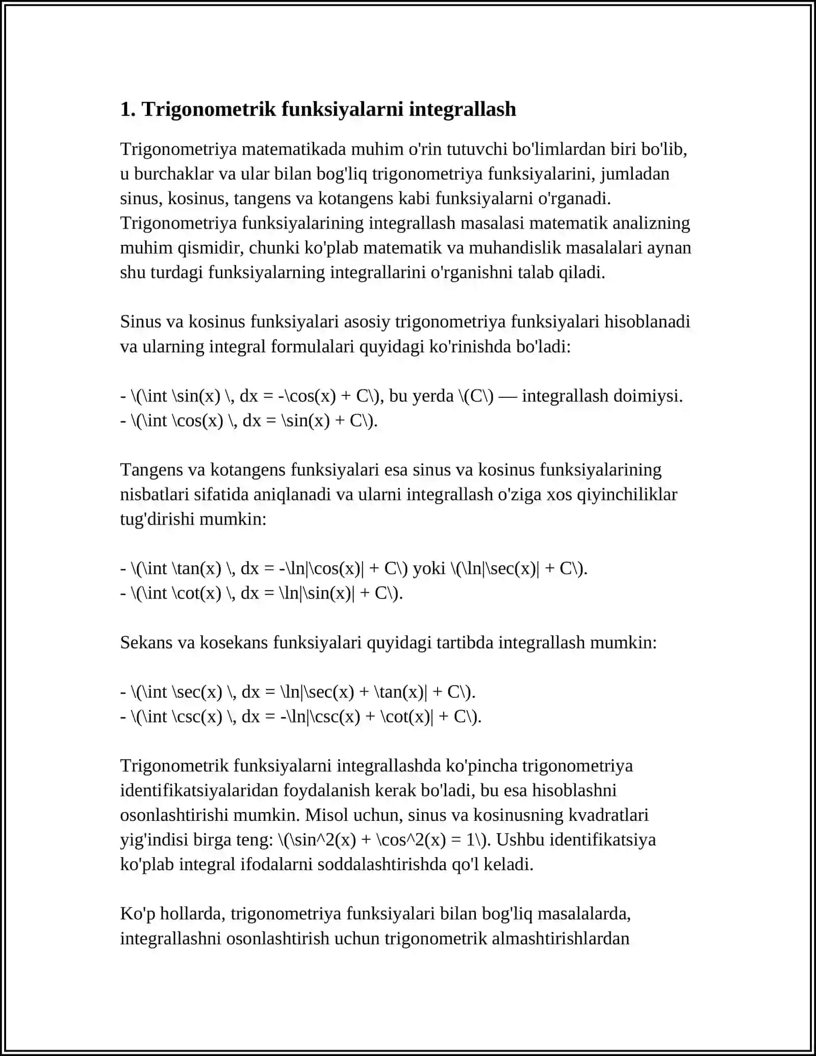 TRIGONOMETRIK VA BA’ZI IRRATSIONAL FUNKSIYALARNI INTEGRALLASH 4