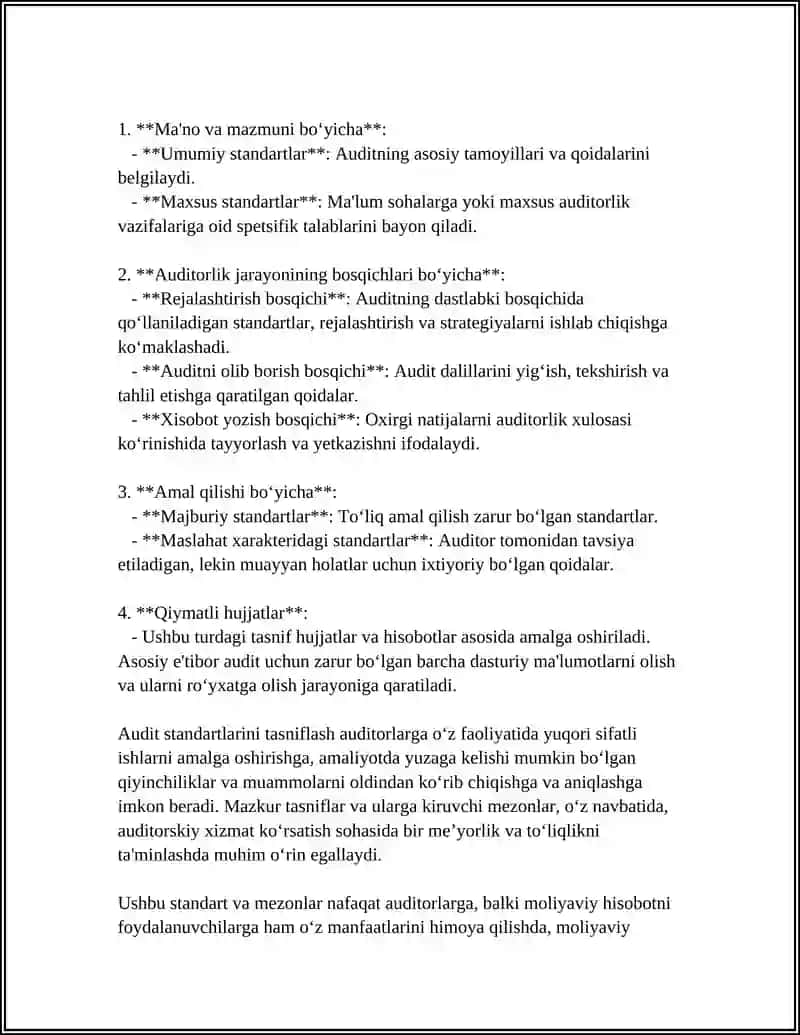 AUDITNING STANDARTLARINI SINFLASHTIRISH VA O'ZBEKISTON RESPUBLIKASIDA QO'LLASH MASALALARI 4