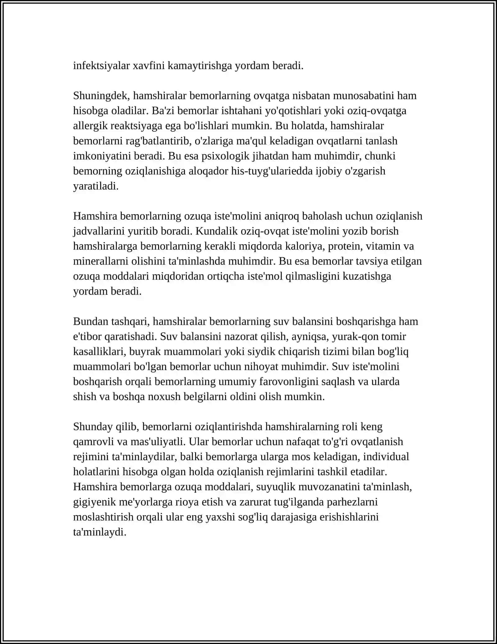 BEMORLARNI OVQATLANTIRISHDA HAMSHIRALIK PARVARISHI 4