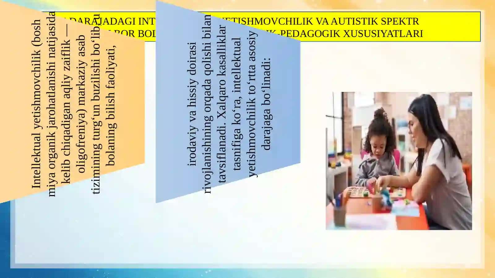 Turli darajadagi intellektual yetishmovchiligi bo‘lgan bolalar, autistik spektr buzilishlariga ega bolalar uchun inklyuziv ta’lim strategiyalari va ularni amalga oshirish shart-sharoitlari. 4
