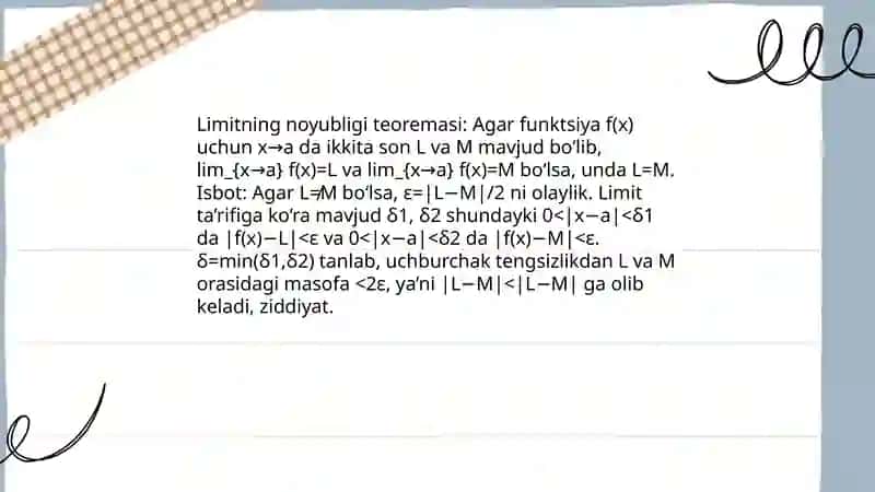 Funksiya limitining mavjudligi haqida teoremalar 4