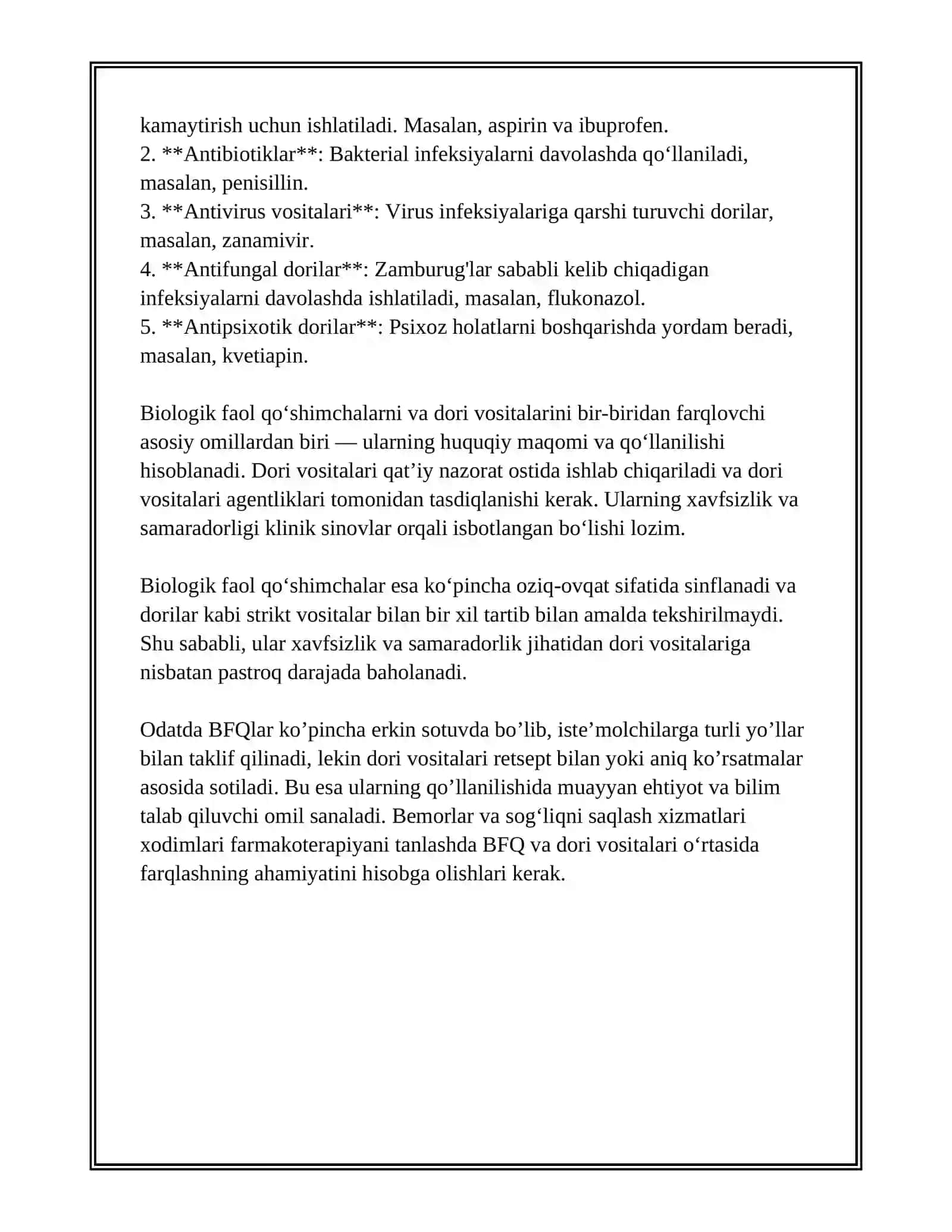 BIOLOGIK FAOL QO’SHIMCGALAR VA DORI VOSITALARINING QIYOSIY TAGLILI 4