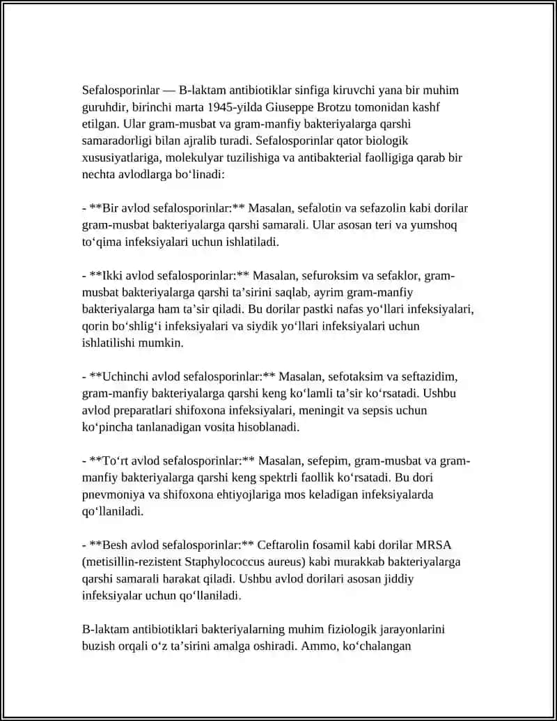 B- LAKTOM ANTIBIOTIKLAR - PENITSILINLAR VA SEFOLOSPARINLARNING DORI VOSITALARI TAHLILI. (PENITSILIN, SEFAZOLIN) 4