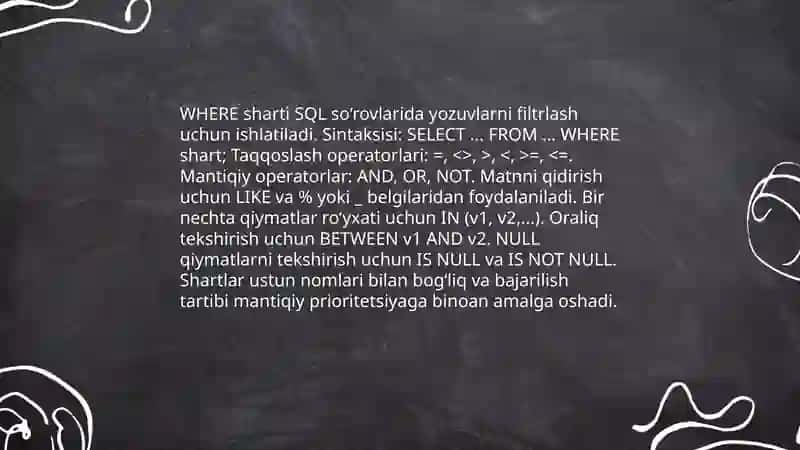 SQL-tartiblangan so'rovlar tilining asosiy buyruqlari 4