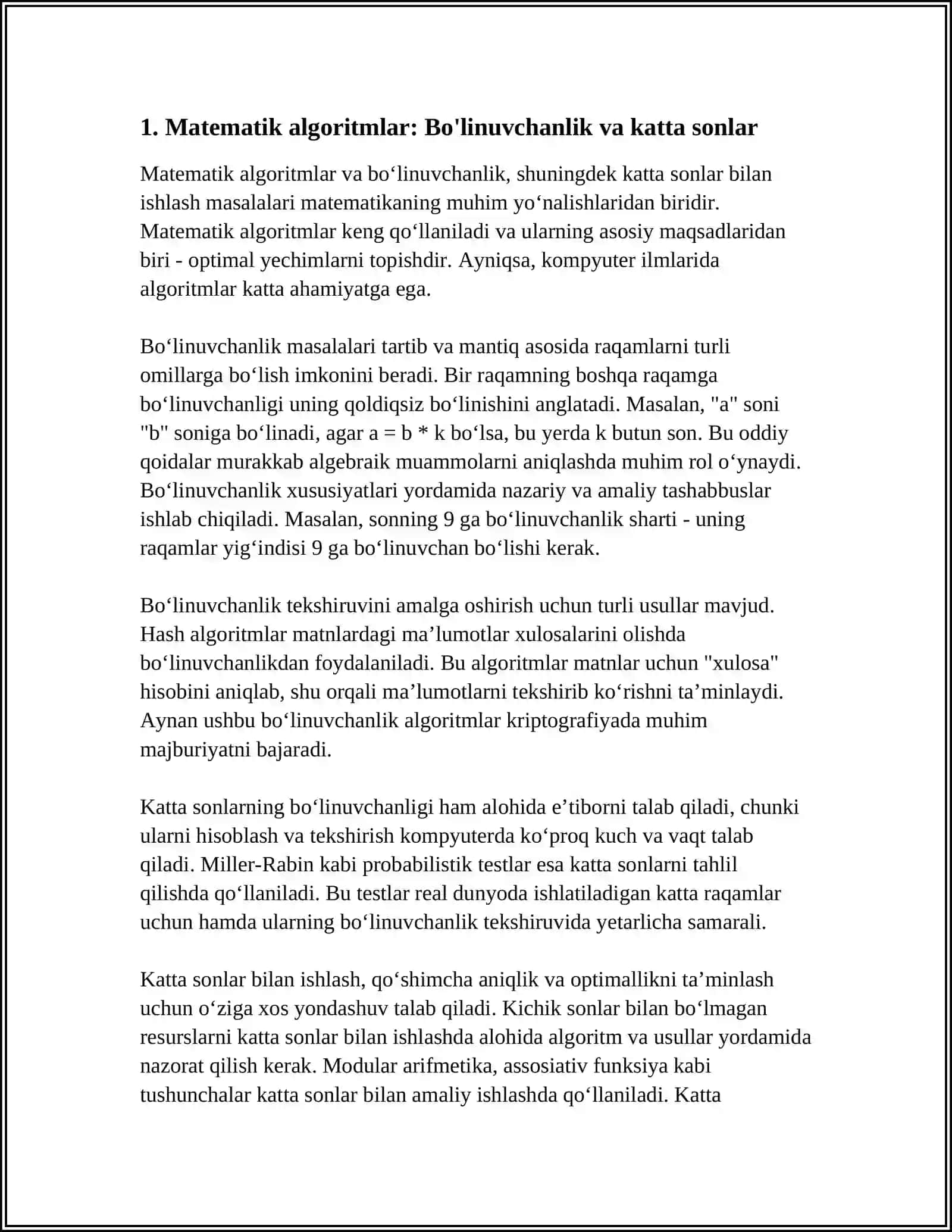 MATEMATIK ALGORITMLAR: DIVISIBILITY & LARGE NUMBERS,PRIME NUMBERS & PRIMALITY TESTS PRIME FAKTORIZATION & DIVISORS, MODULAR ARITHMETIC,CATALAN NUMBERS, NCR COMPUTATIONS, SET THEORY,SIEVE ALGORITHMS EULER TOTIENT FUNCTION, CHINESE REMAINDER THEOREM 4