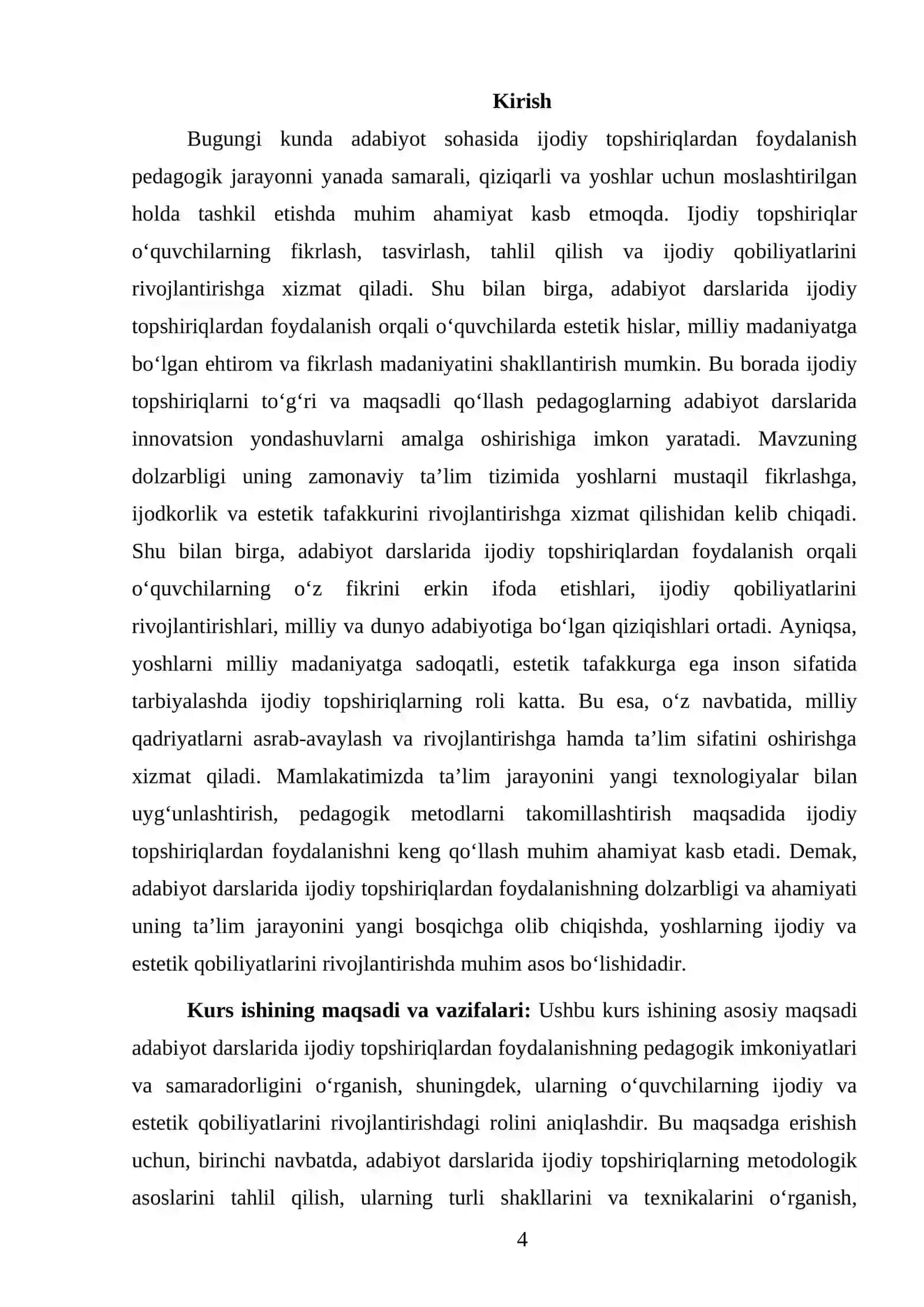OʻZBEK ADABIYOTINI OʻQITISH METODIKASI FANIDAN TAYYORLAGAN KURS ISHI 4