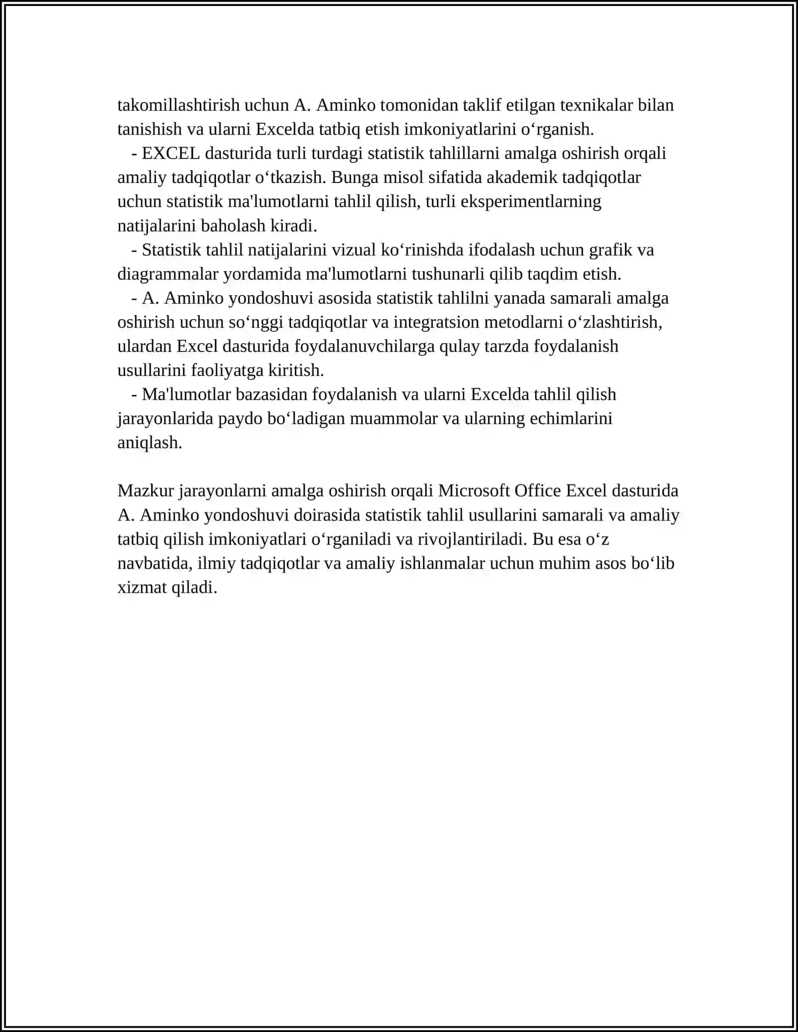 MICROSOFT OFFICE EXCEL KOMPYUTER DASTURIDA STATISTIK TAHLIL USULLARINI AMALGA OSHIRISHNING OʻZIGA XOS JIHATLARI BOʻYICHA A.AMINKO TADQIQOTINI KONSPEKTLASHTIRISH 4