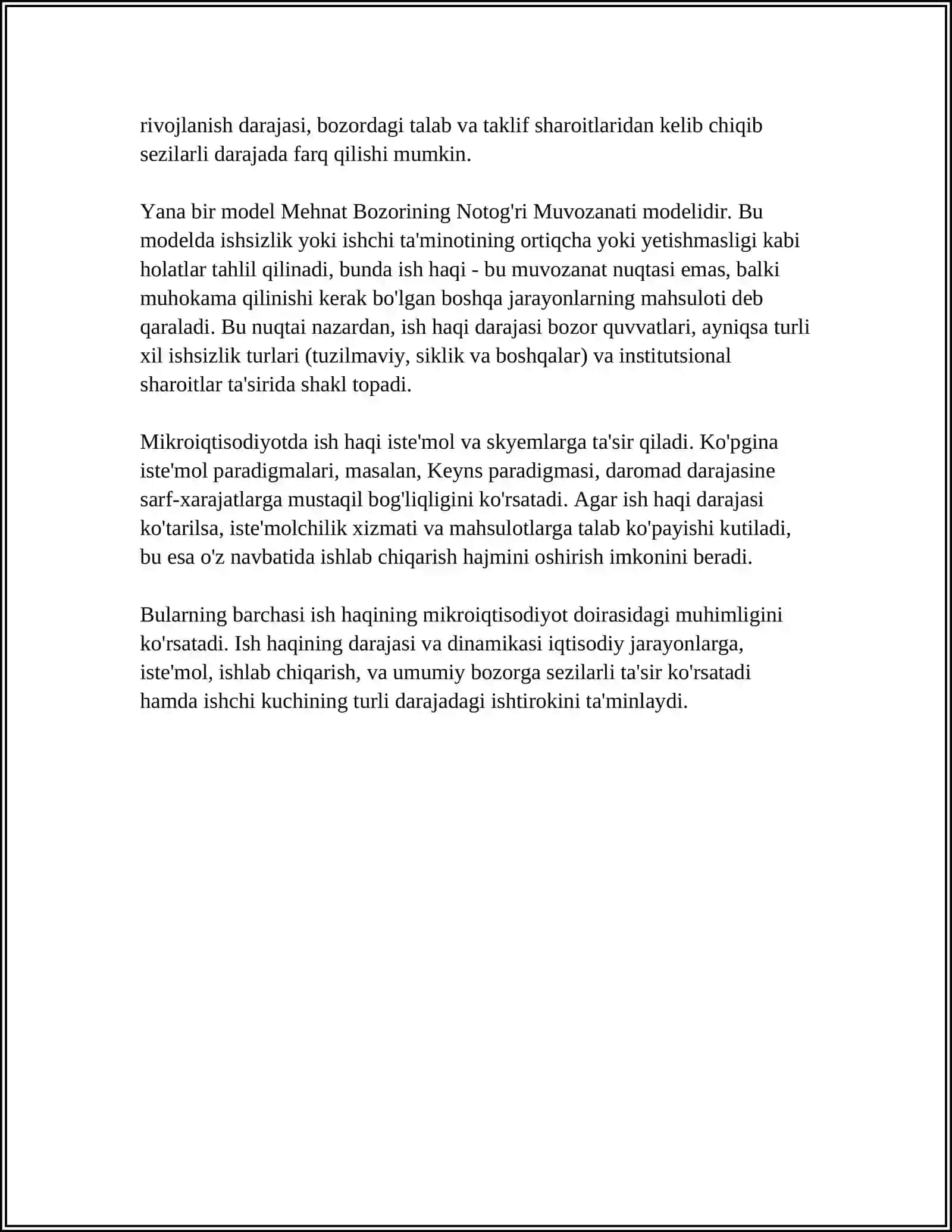 MUSTAQIL ISH Mavzu: MEHNAT BOZORINING MIKROIQTISODIY MODELLARIDA ISH HAQQINING MOHIYATI,TURLARI,KO'RSATKICHLARI 4
