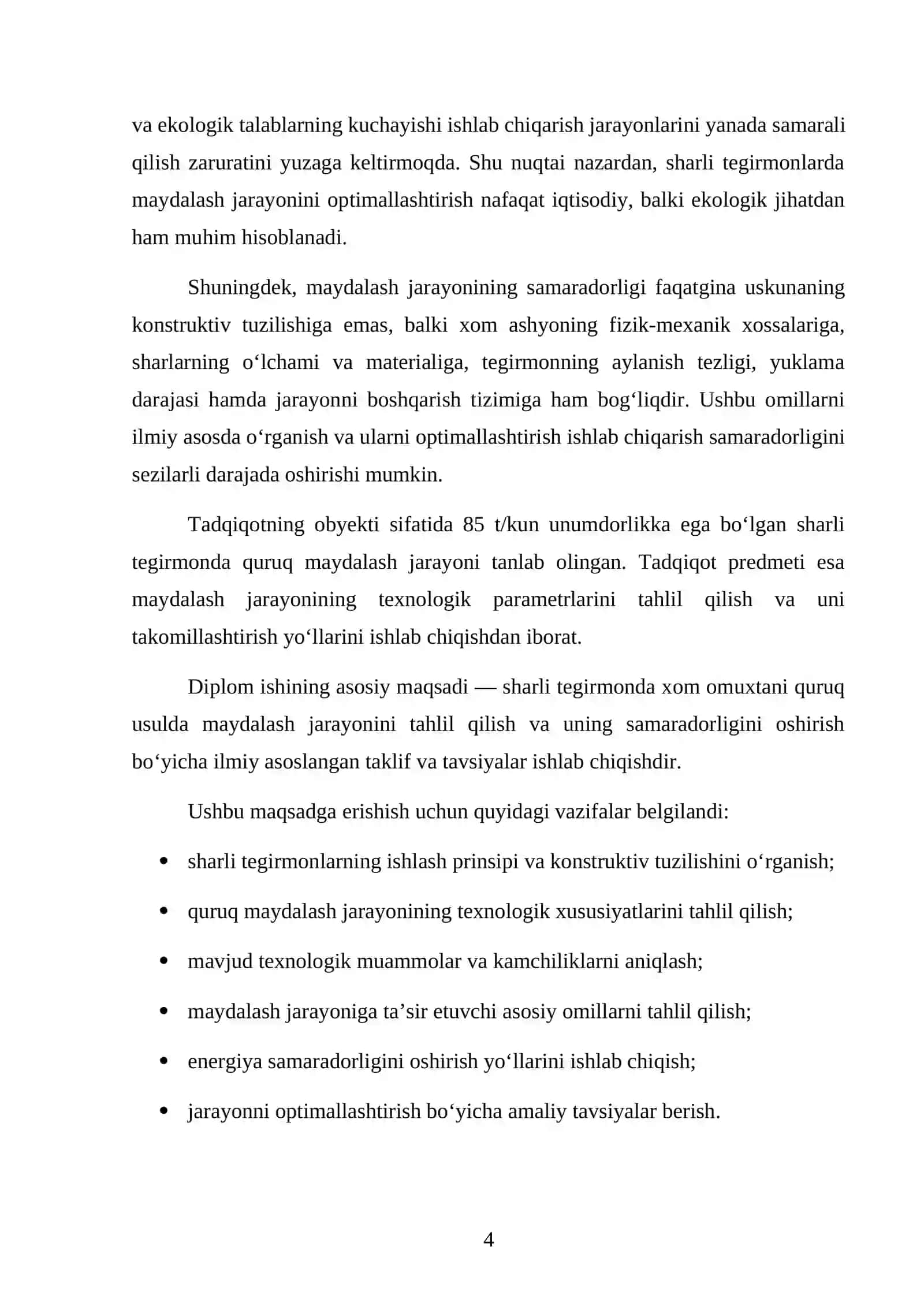 Unumdorligi 85 t/kun bo'lgan sharli tegirmonda quruq usulda
xom omuxtani maydalash jarayonini takom 4