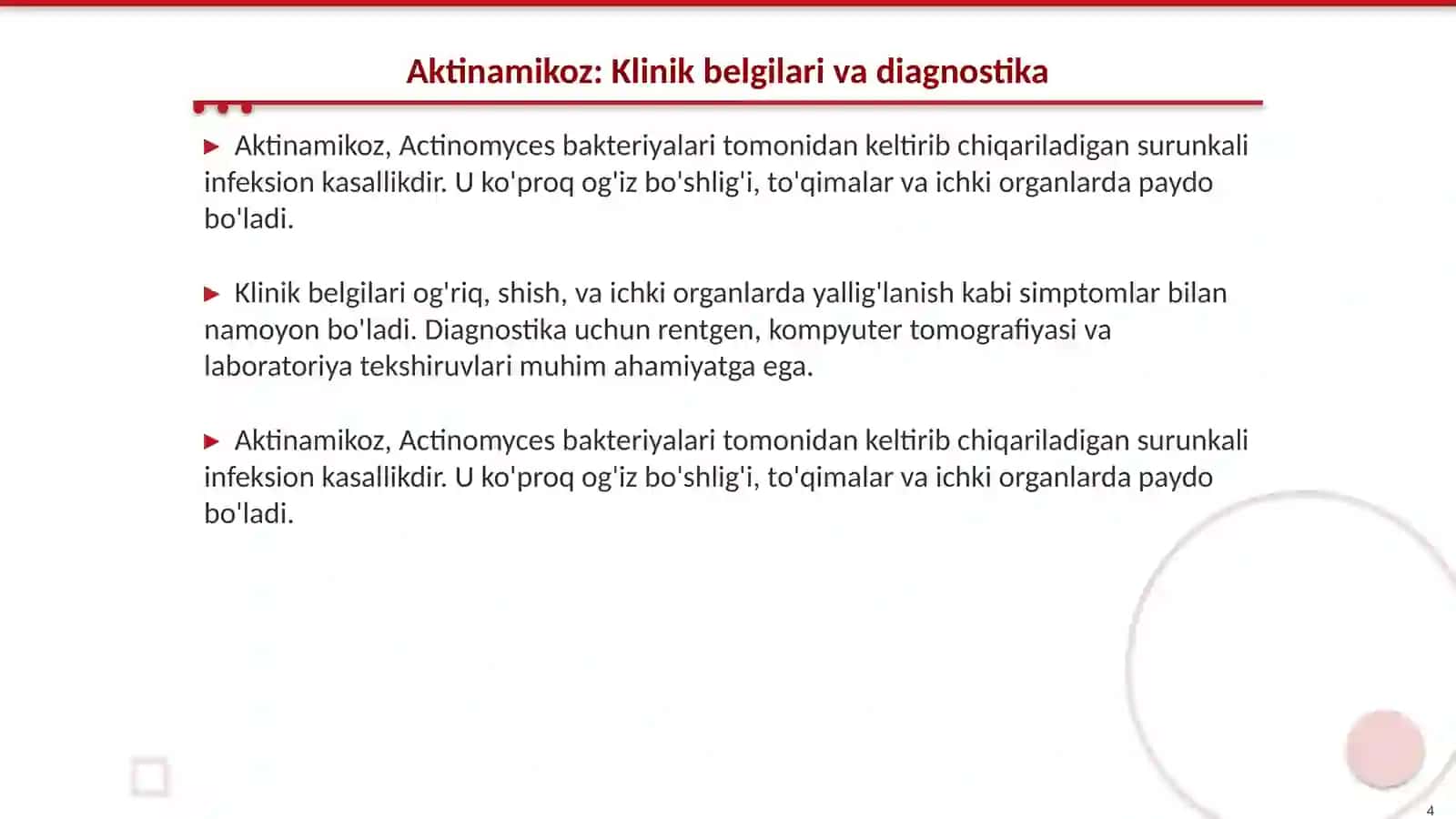 Tuberkuloz. Aktinamikoz kasalliklari klinikasi, davolash va oldini olish 4