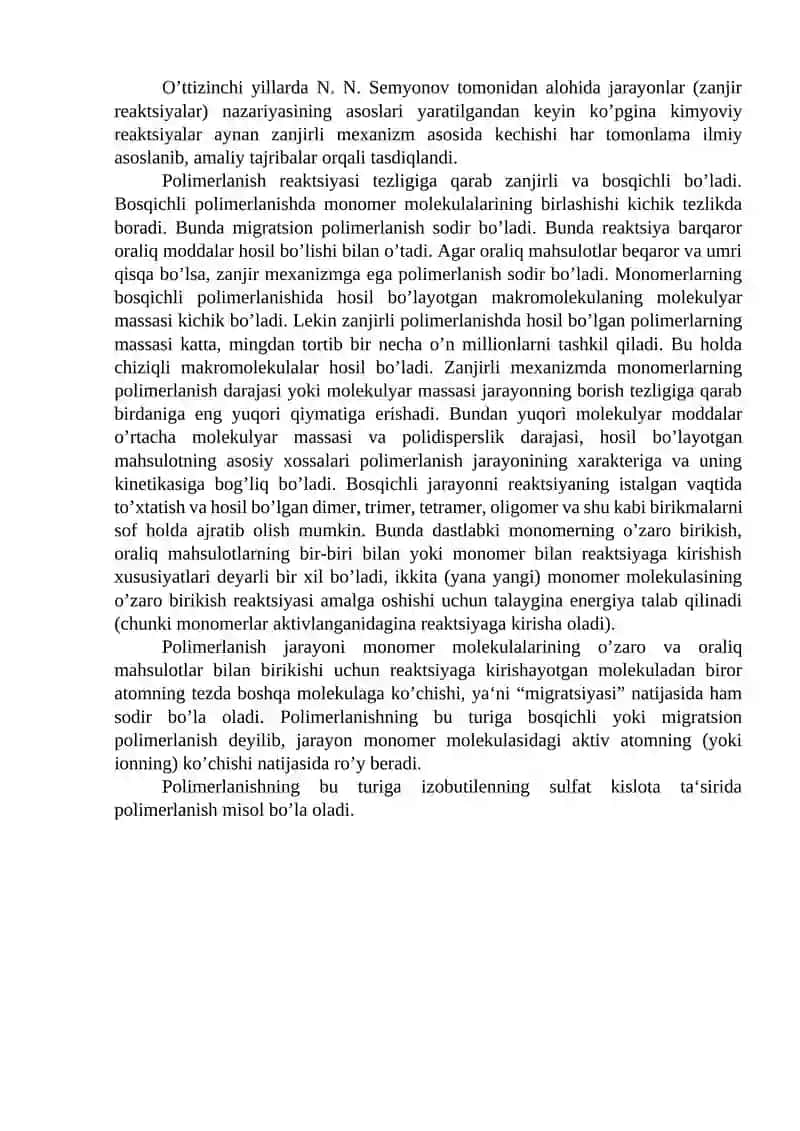 POLIMERLAR SINTEZI.  POLIMERLARNI SINTEZ QILISHNING ASOSIY USULLARI. POLIMERLANISH REAKSIYALARI. 4