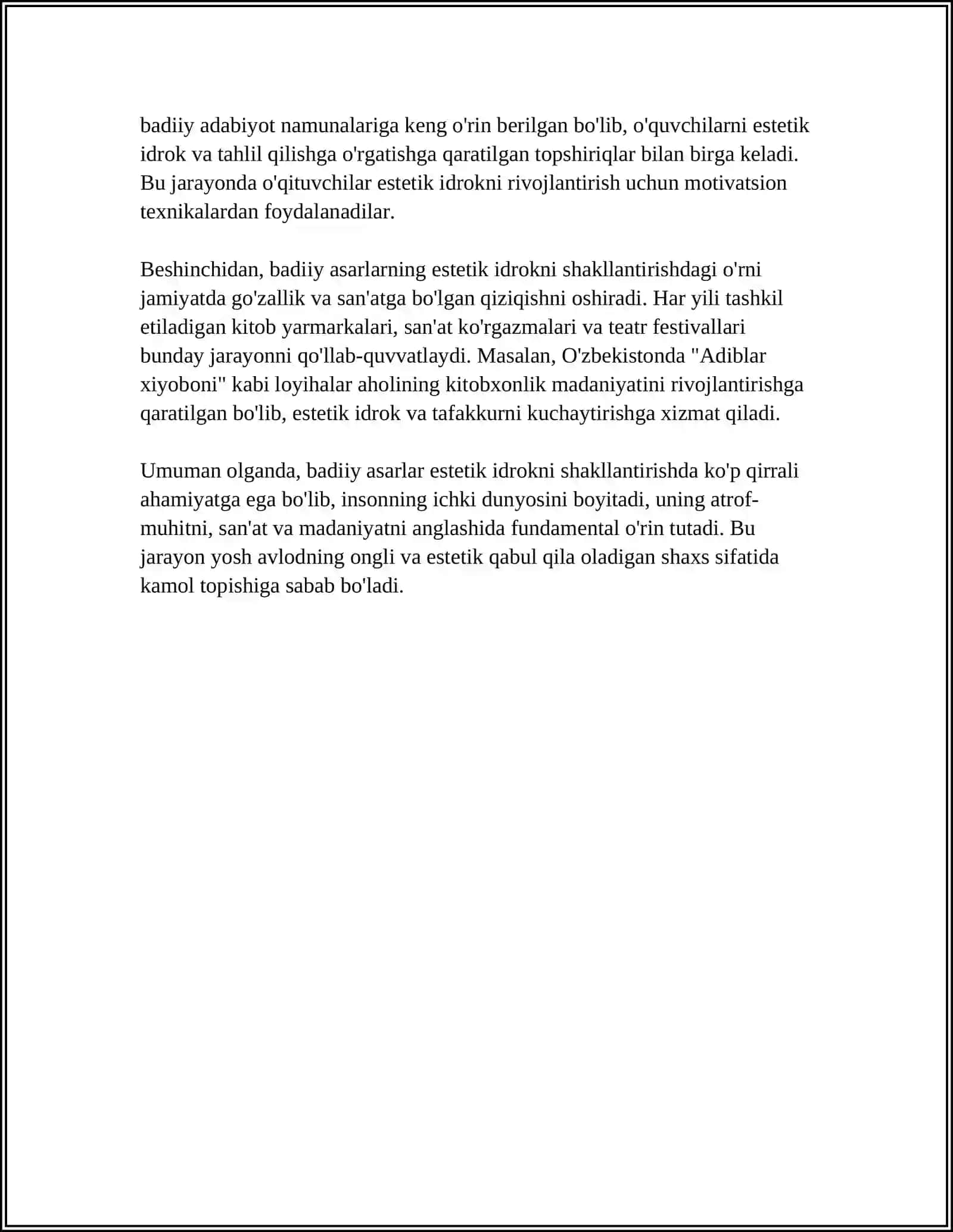"DUNYONI ESTETIK IDROK ETISHDA BADIIY ASARLARNING AHAMIYATI" MAVZUSIDA ESSE 4
