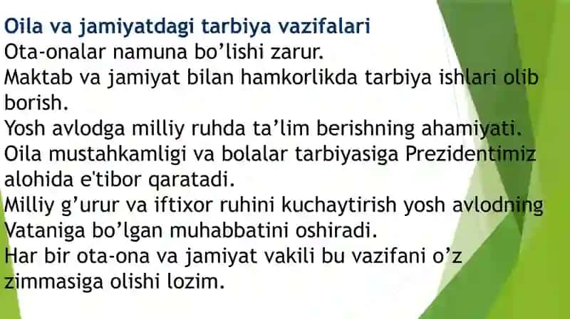 Prezidentimiz asarlarida oila va oilada bolalar tarbiyasiga munosabat. Bolalarni milliy g’urur va milliy iftixor ruhida tarbiyalash 4
