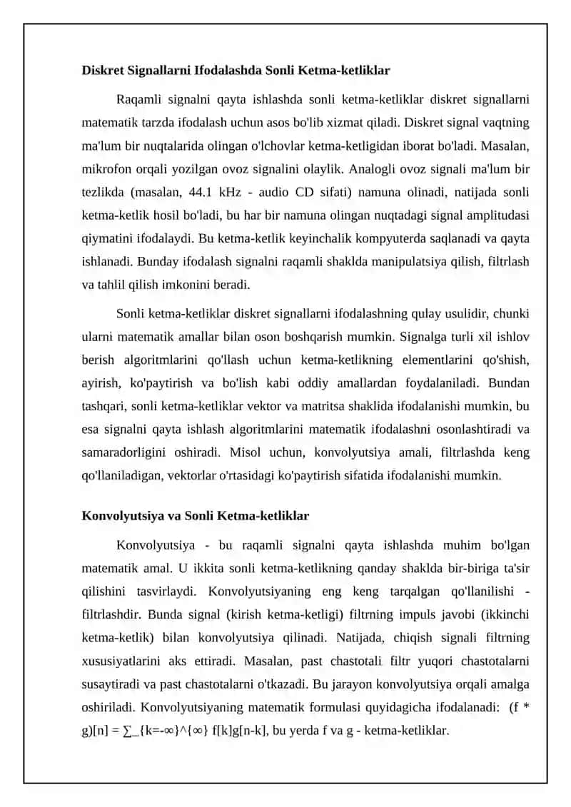 Raqamli signalni qayta ishlashda sonli ketma-ketliklarning tatbiqlari 4