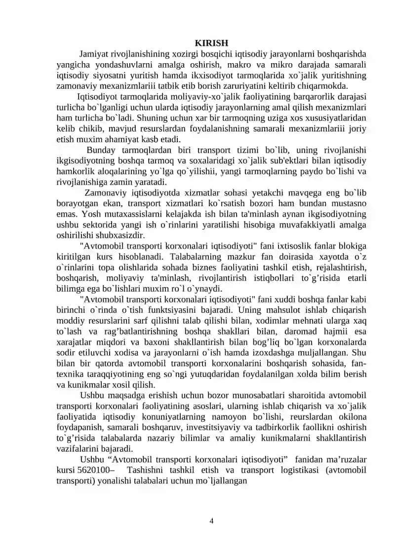 5620100– Tashishni tashkil etish va transport logistikasi (avtomobil transporti) talabalari uchun amaliy mashg`ulotlarini bajarish bo`yicha 4