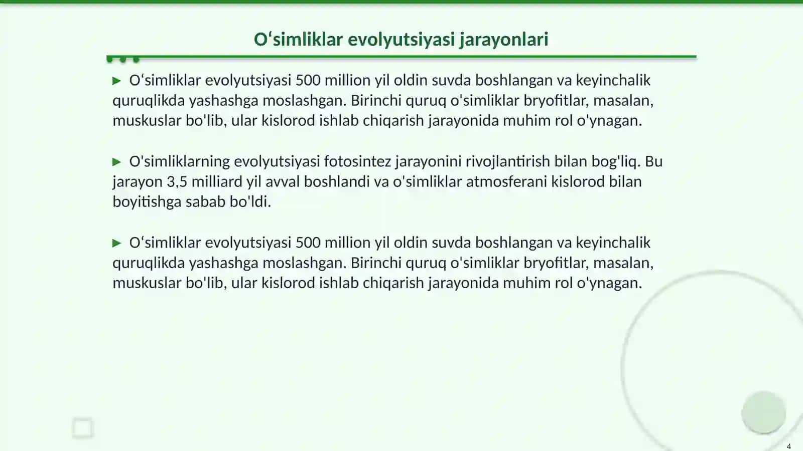 Oʻsimliklar va hayvonlar evolyutsiyasi 4