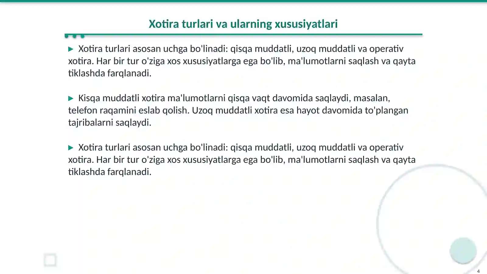 Bolada xotiraning yetakchi turini aniqlash. Diqqat barqarorligini aniqlash 4