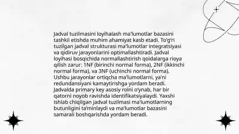 Jadval shakllari va ma'lumot turlariga kirish 4