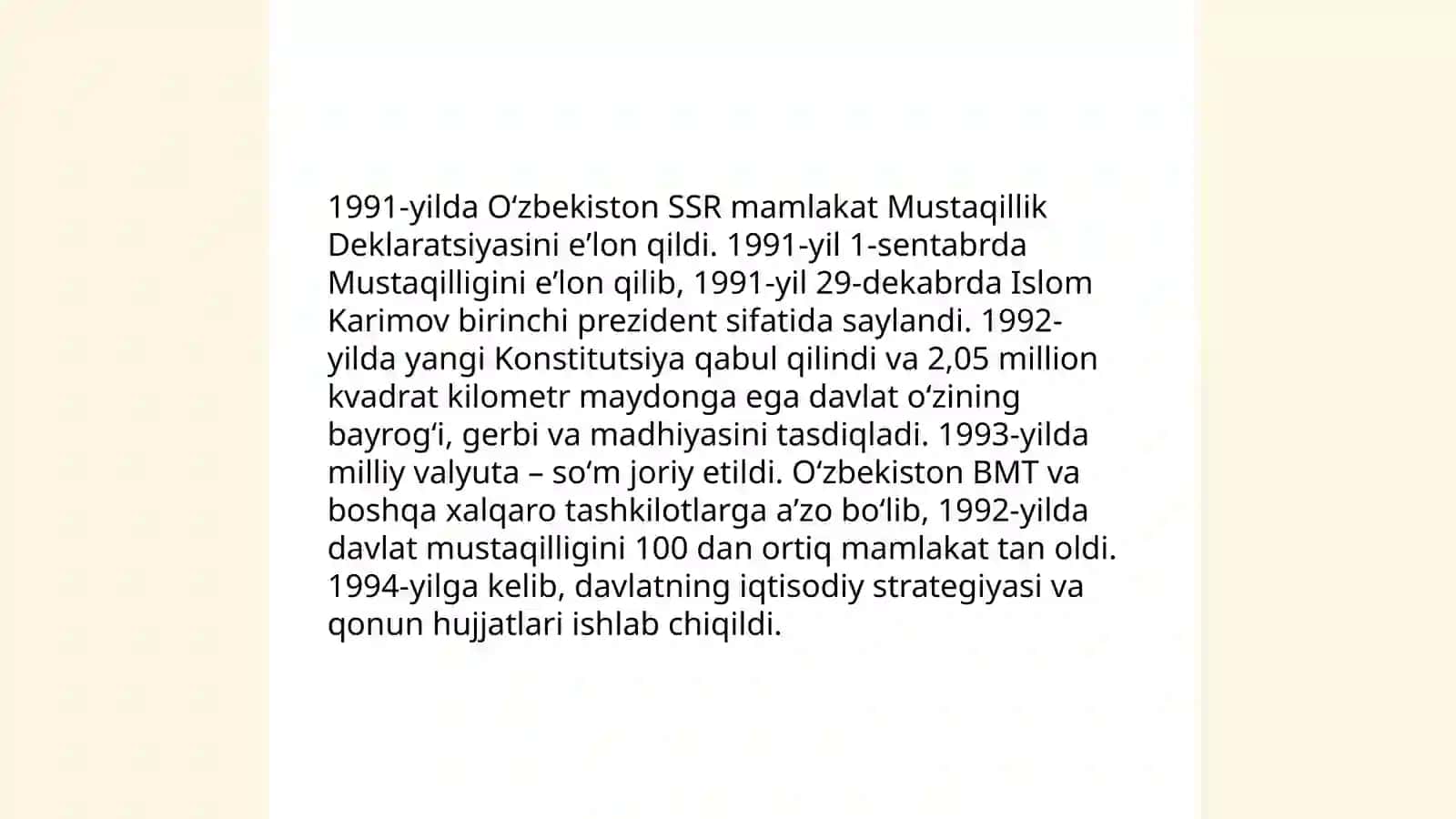 Mustaqil Oʻzbekiston Respublikasi tashkil topishining va uning tarixiy ahamiyati. Oʻzbekistonning oʻziga xos istiqlol va taraqqiyot yoʻli 4