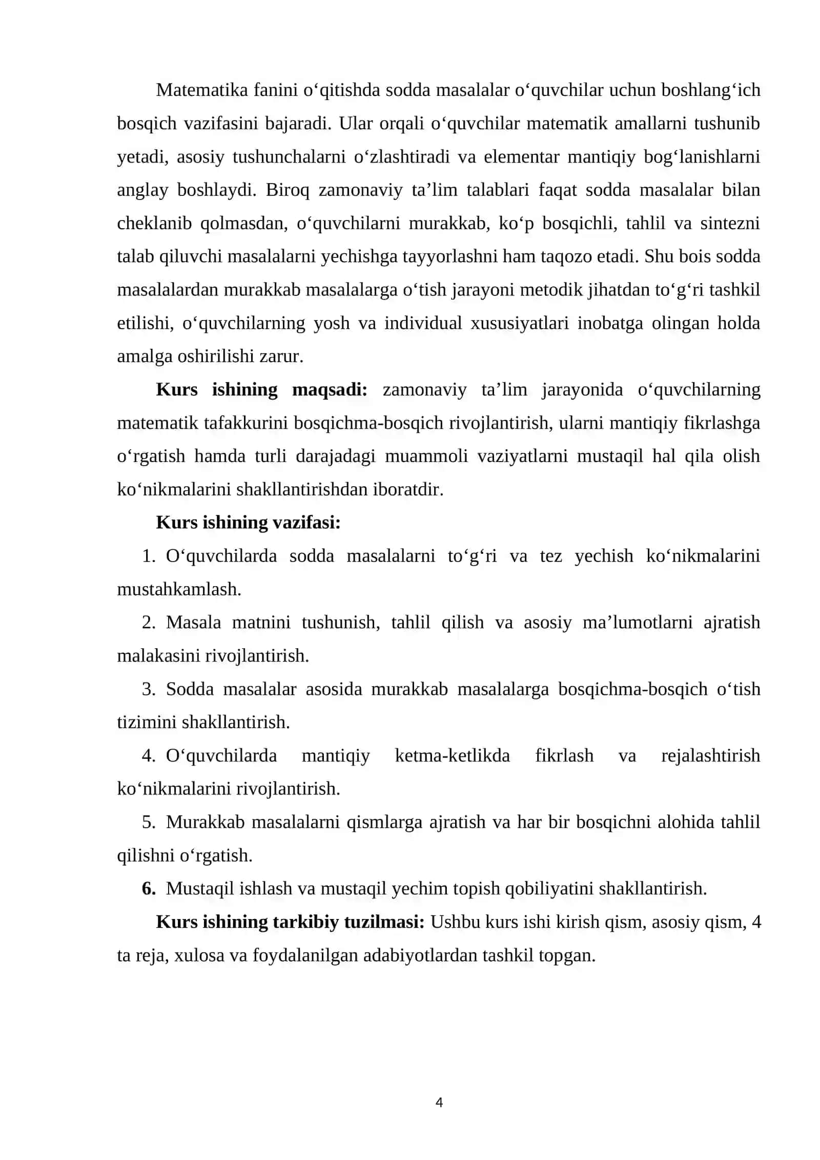 Sodda masalar yechishdan murakkab masalalar yechishga o‘tish uslubiyati 4