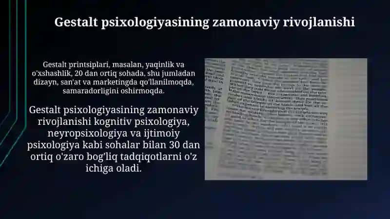 Psixologiyaning zamonaviy tendensiyasi. Geshtalt psixologiyasining mazmun mohiyati 4