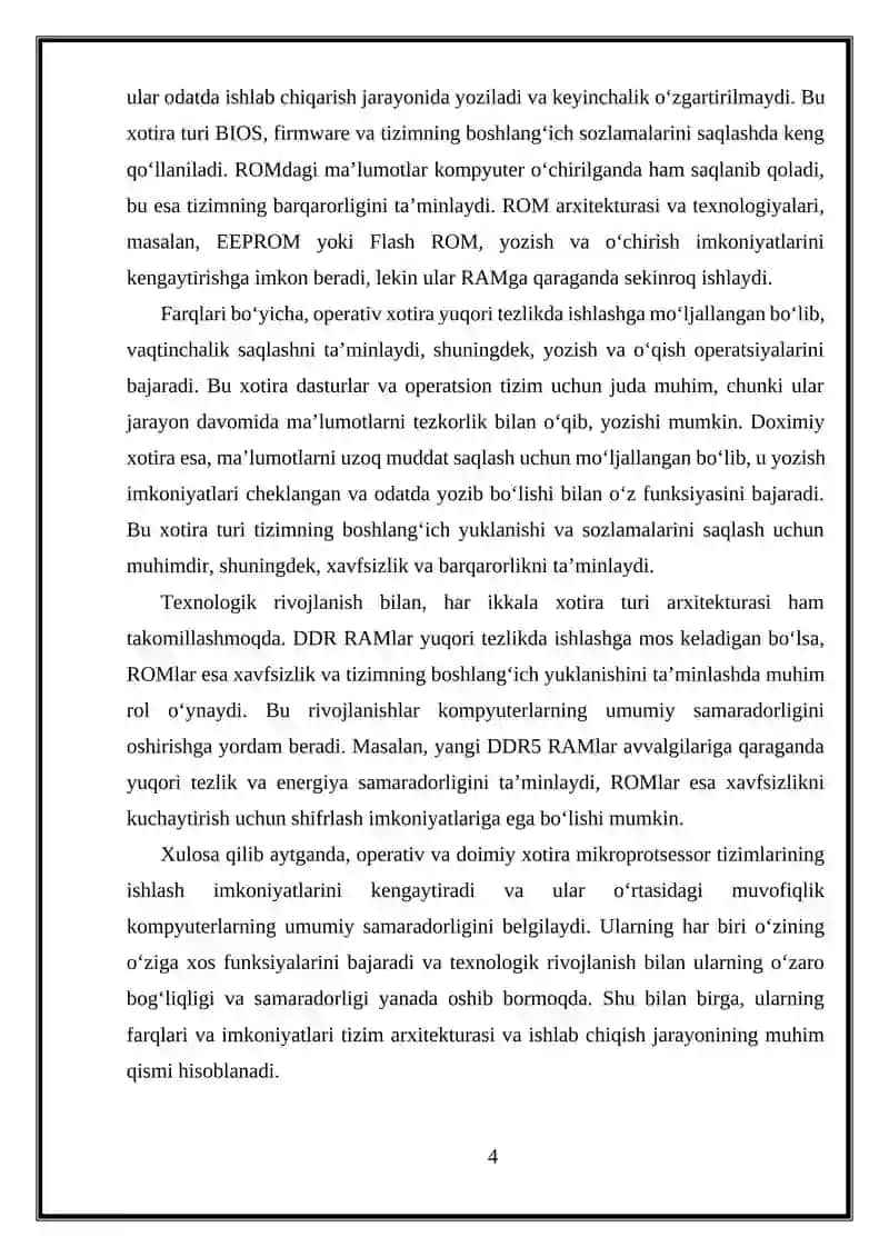 Mikroprotsessor tizimi xotirasi. Operativ va doimiy xotirani taqqoslash.. 4