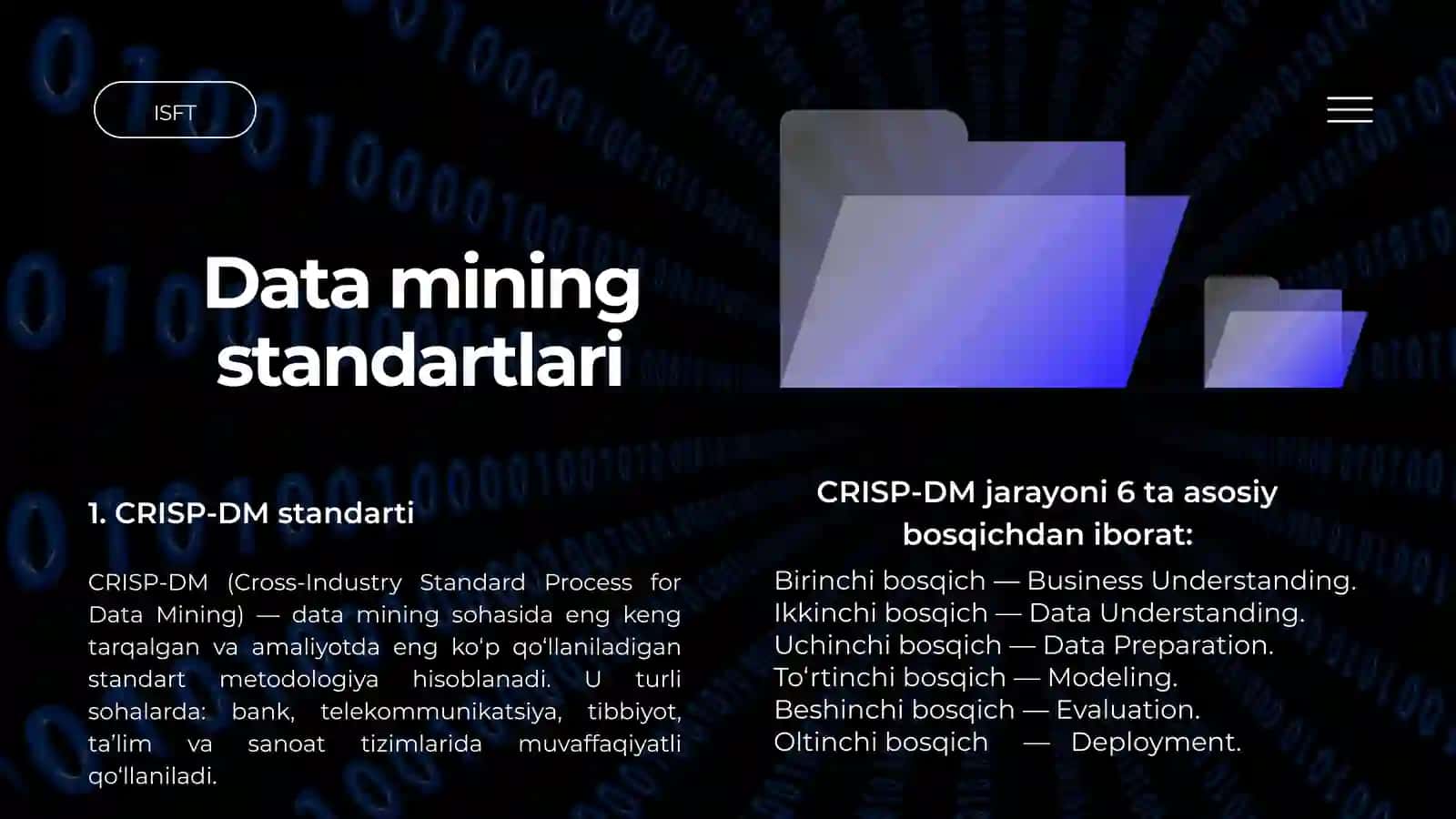 DATA MINING-NING STANDARTLARI. MAʼLUMOTNI VIZUAL TAQDIM ETISH USULLARI. PROGNOZLASH VA VIZUALIZATSIYA MISOLLAR 4