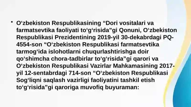 O’ZBEKISTON RESPUBLIKASI PREZIDENTINING RETSEPTLARIGA ASOSLANGAN QONUN VA FFARMOYISHLARI 4