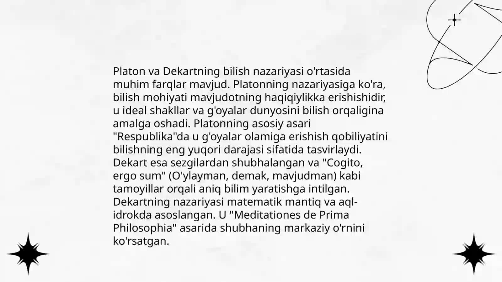 Yevropa mutafakkirlari Platon, Boesiy, R. Dekart, D. Yumning falsafaga oid qarashlarining qiyosiy tahlili 4