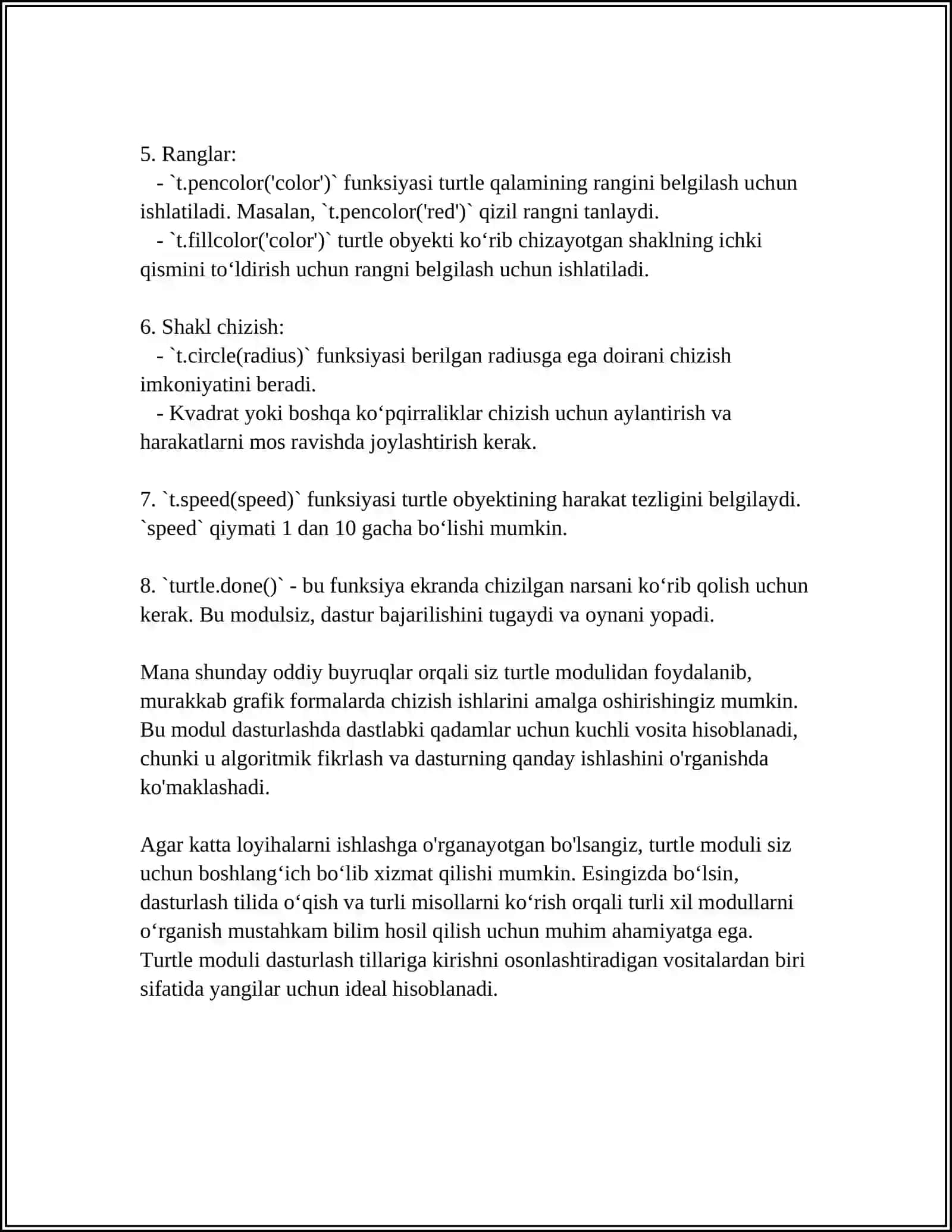 PYTHONNING TURTLE MODULI NIMA VA U BILAN ISHLASH HAMDA TURLI SHAKLLAR CHIZISH 4