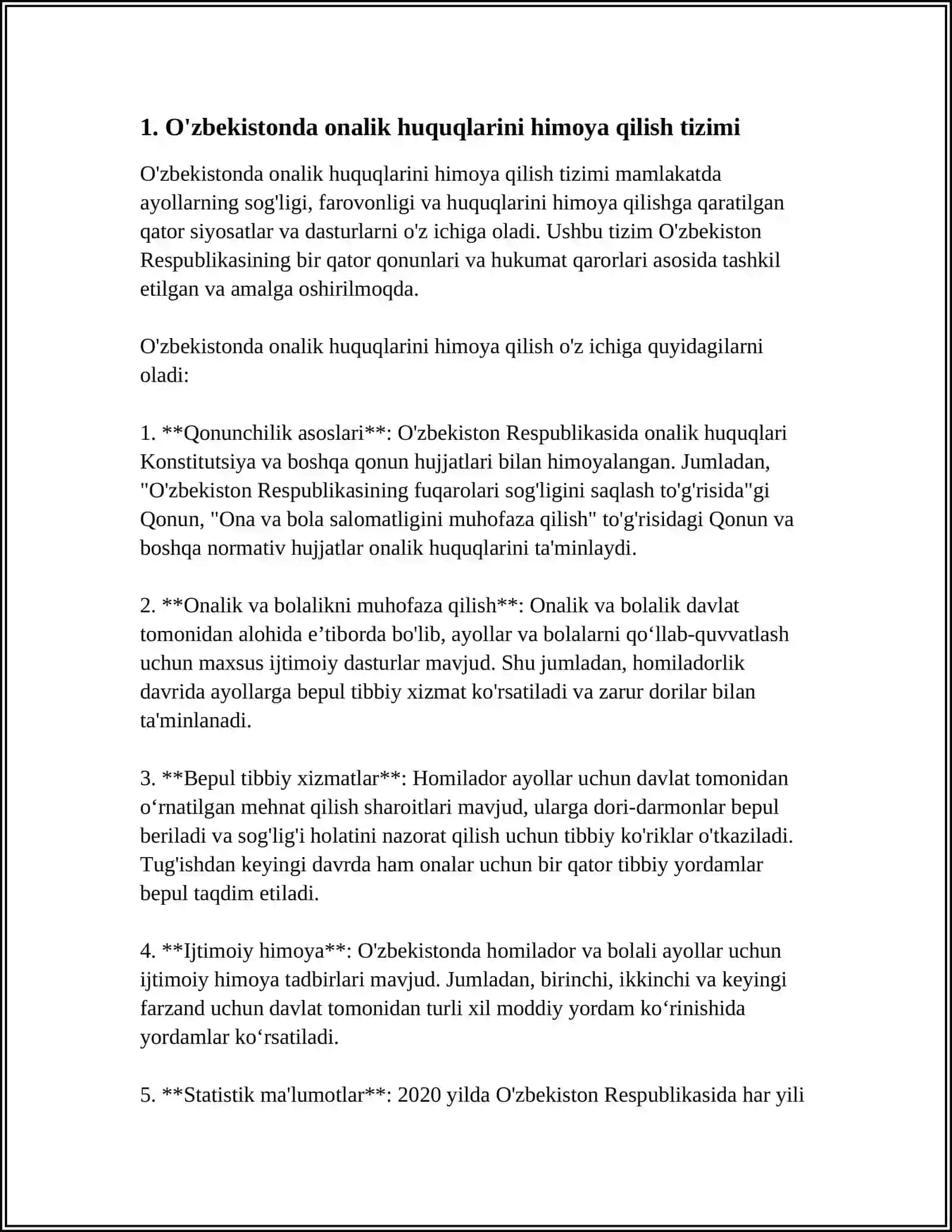 YANGI O'ZBEKISTONDA ONALIK VA BOLALIK HAQ-HUQUQLARINI HIMOYA QILINISHI 4