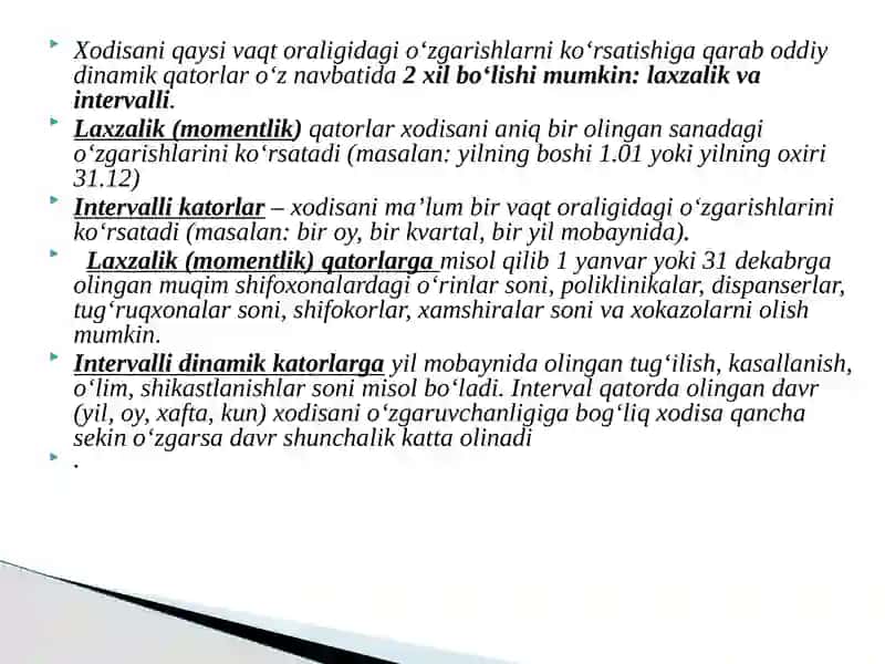 Dinamik qatorlar, turlari, ko‘rsatkichlari, statistik tahlil etishda qo‘llanilishi. Grafik tasvirlar, ularning qo‘llanilishi 4