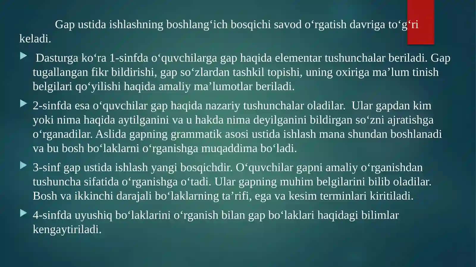 BOSHLANG‘ICH SINFLARDA SINTAKTIK TUSHUNCHALAR USTIDA ISHLASH METODIKASI. ORFOGRAFIYANI O‘RGANISH METODIKASI. KICHIK YOSHDAGI O‘QUVCHILAR NUTQINI O‘STIRISH YO‘LLARI VA VAZIFALARI 4