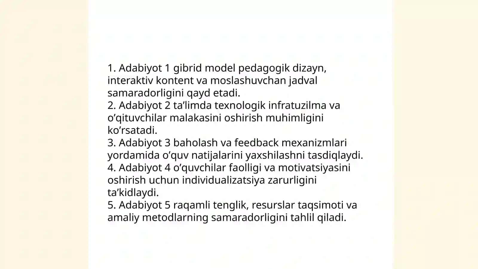 Taʼlim tashkil etishning noanʼanaviy shakllarini 5 ta adabiyotdan tahlil qilish 4