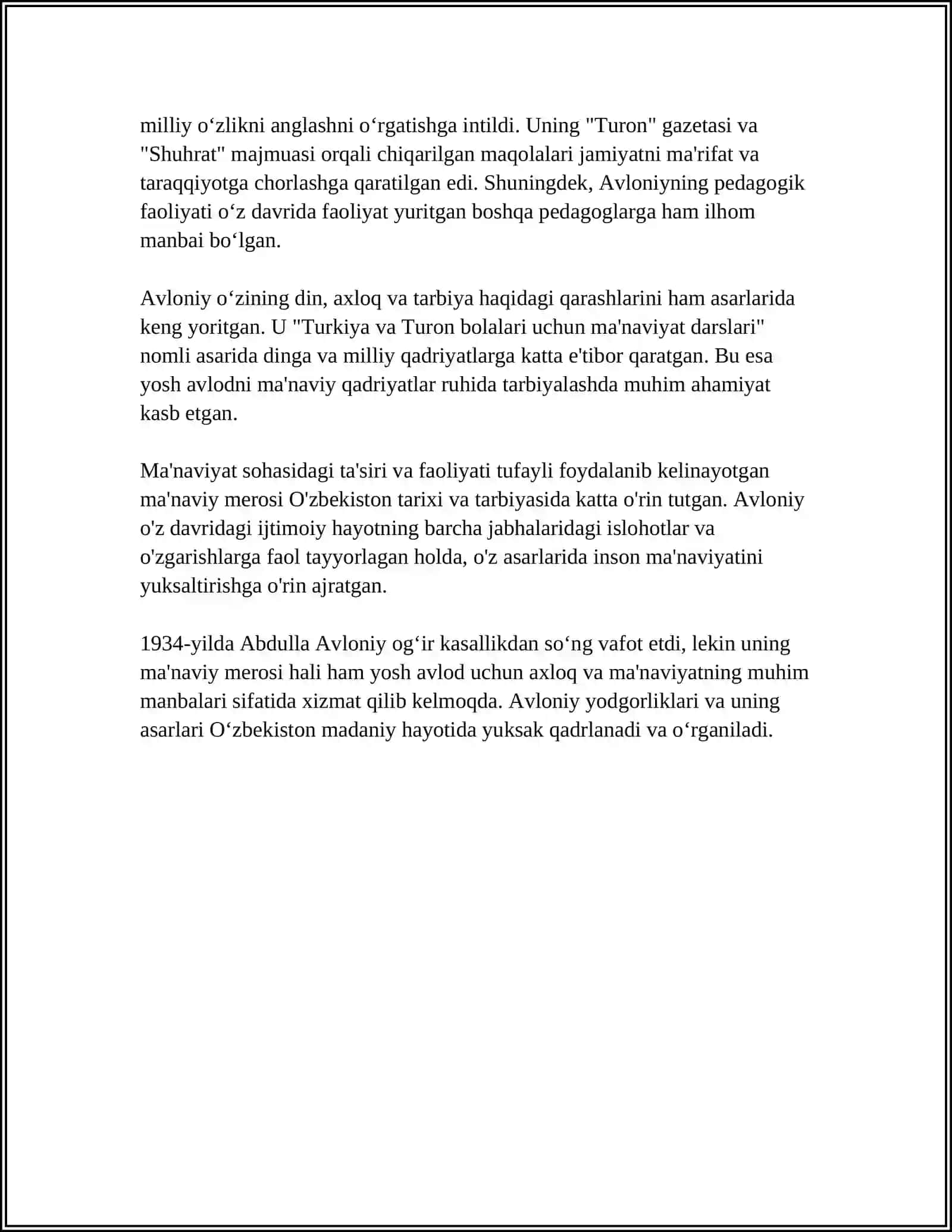 ABDULLA AVLONIYNING KOMIL INSON HAQIDAGI QARASHLARI MAVZUSIDA ESSE TAYYORLAB BER 4