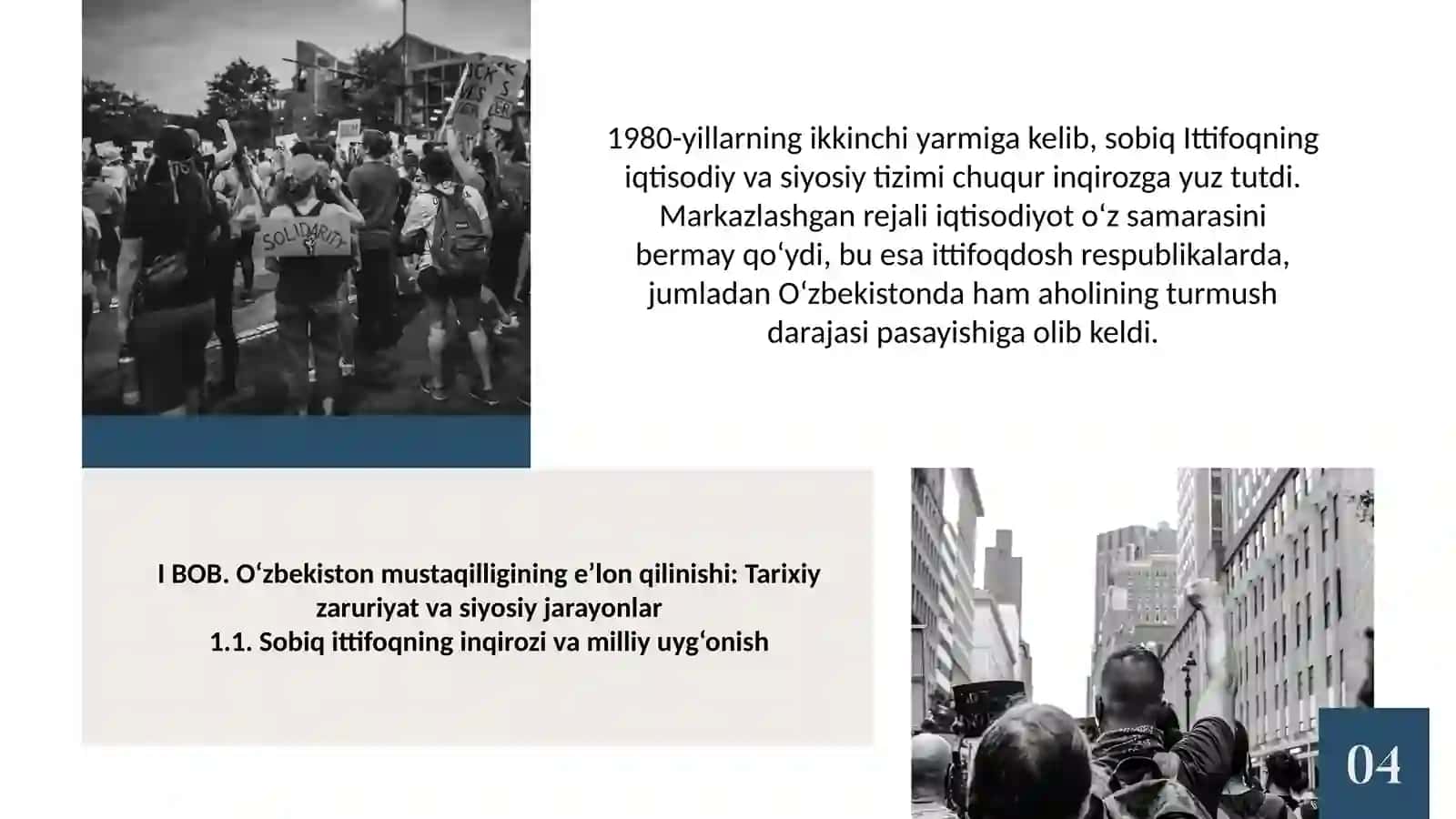 Mustaqil O`zbekiston Respublikasi tashkil topishining tarixiy ahamiyatii. O`zbekistonning o`ziga xos istiqlol va taraqqiyot yo`li 4