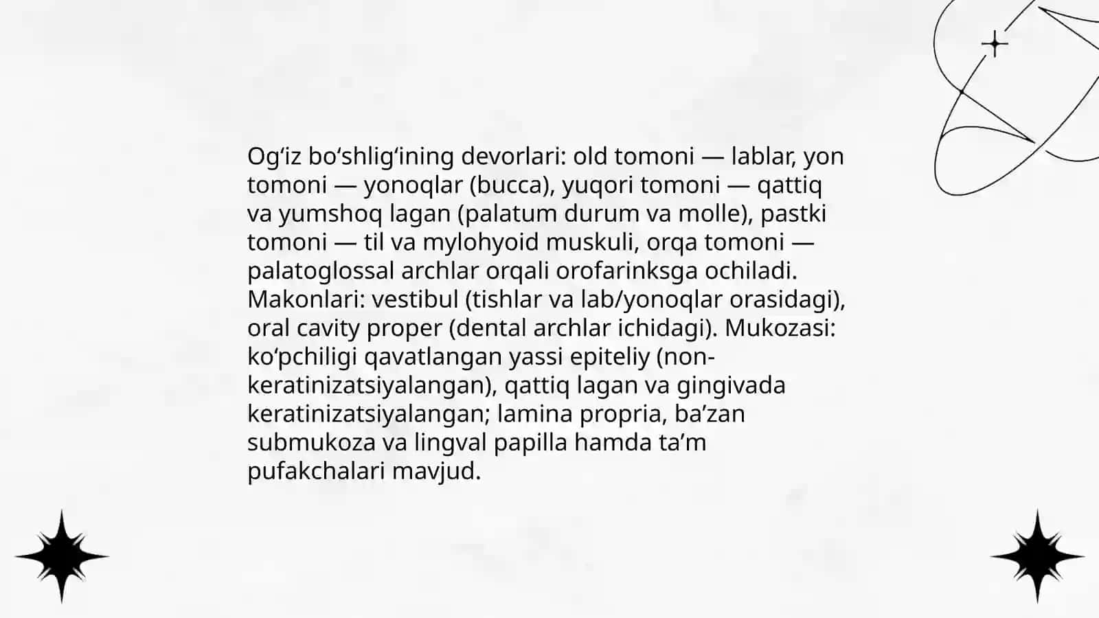 Hazim tizimi. Ogʼiz boʼlashligʼi. Til tuzilishi soʼrgʼichlari. Soʼlak bezlari tasnifi, tuzilishi gistalogiyasi 4