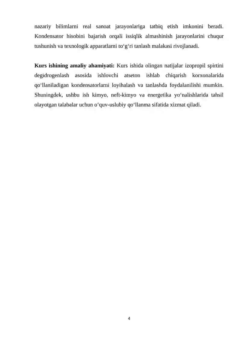 Izopropil spirtini degidrogenlash orqali atseton olish texnologiyasidagi kondensatorni hisoblash (quvvati 92 000 t/y) 4